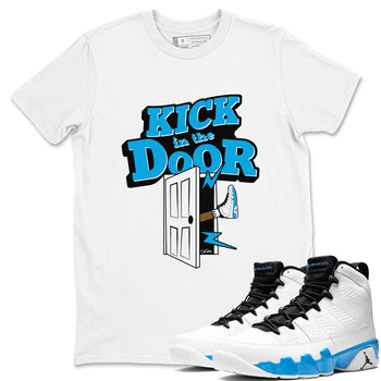 9s Powder Blue shirt to match jordans Kick In The Door sneaker tees Air Jordan 9 Powder Blue SNRT Sneaker Release Tees unisex cotton White 1 crew neck shirt