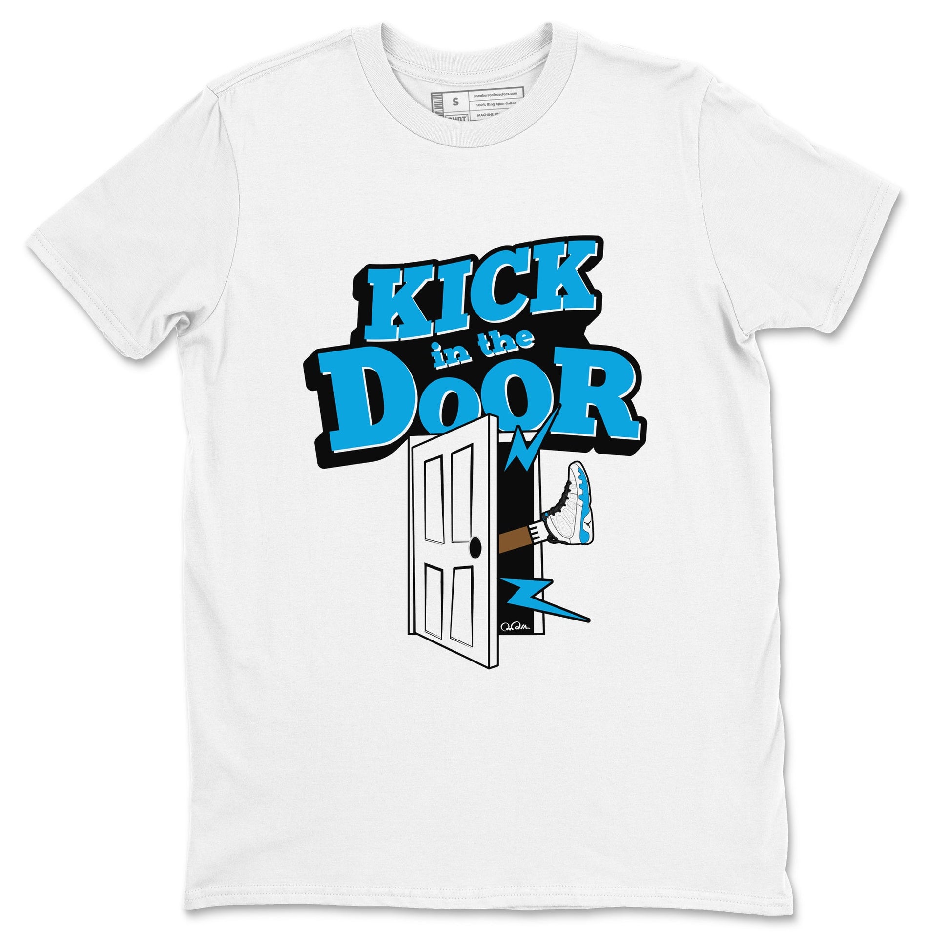9s Powder Blue shirt to match jordans Kick In The Door sneaker tees Air Jordan 9 Powder Blue SNRT Sneaker Release Tees unisex cotton White 2 crew neck shirt