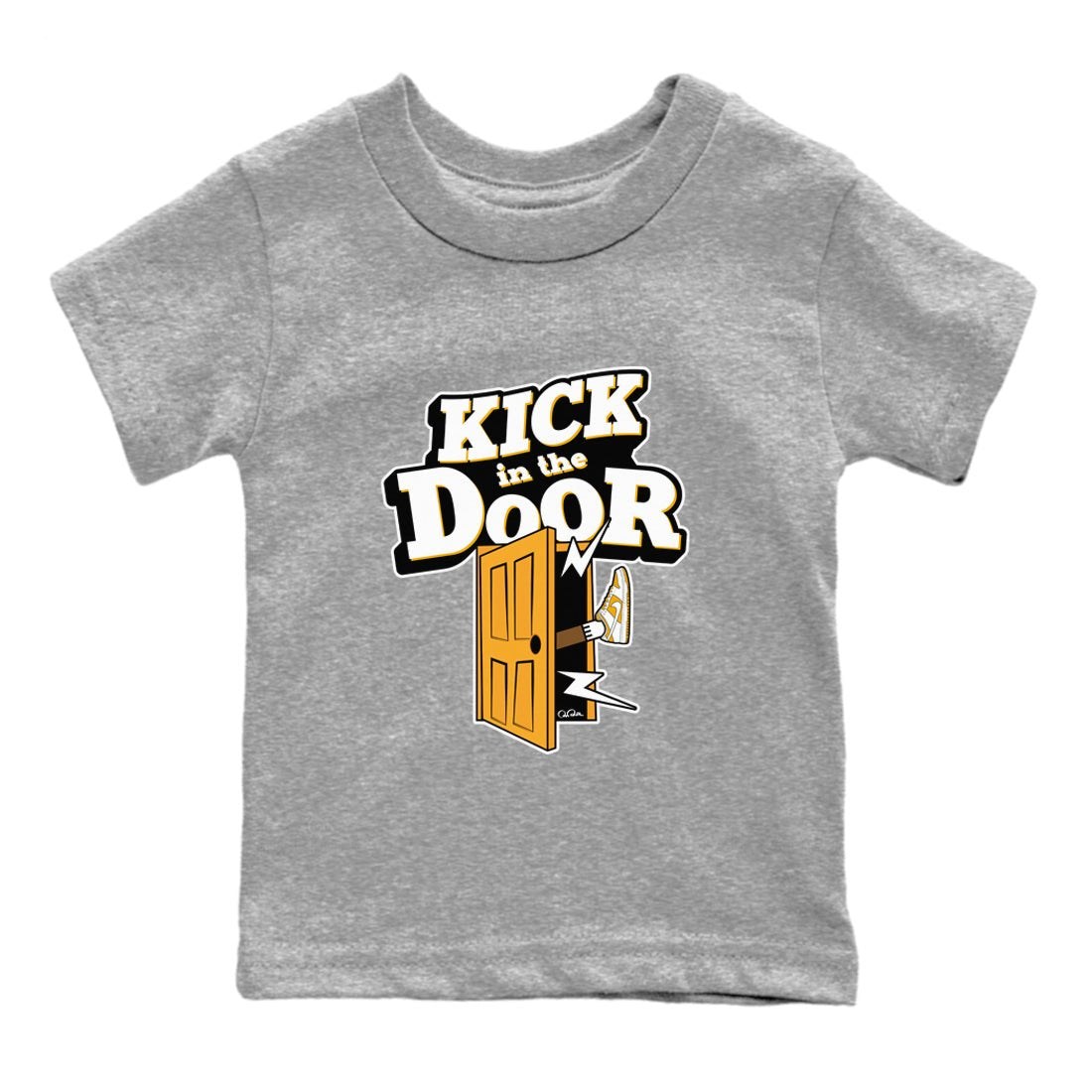 Dunk Dark Curry shirt to match jordans Kick In The Door sneaker tees AJ1 Low Dark Curry SNRT sneaker release tees baby toddler Heather Grey 2 cotton Shirt