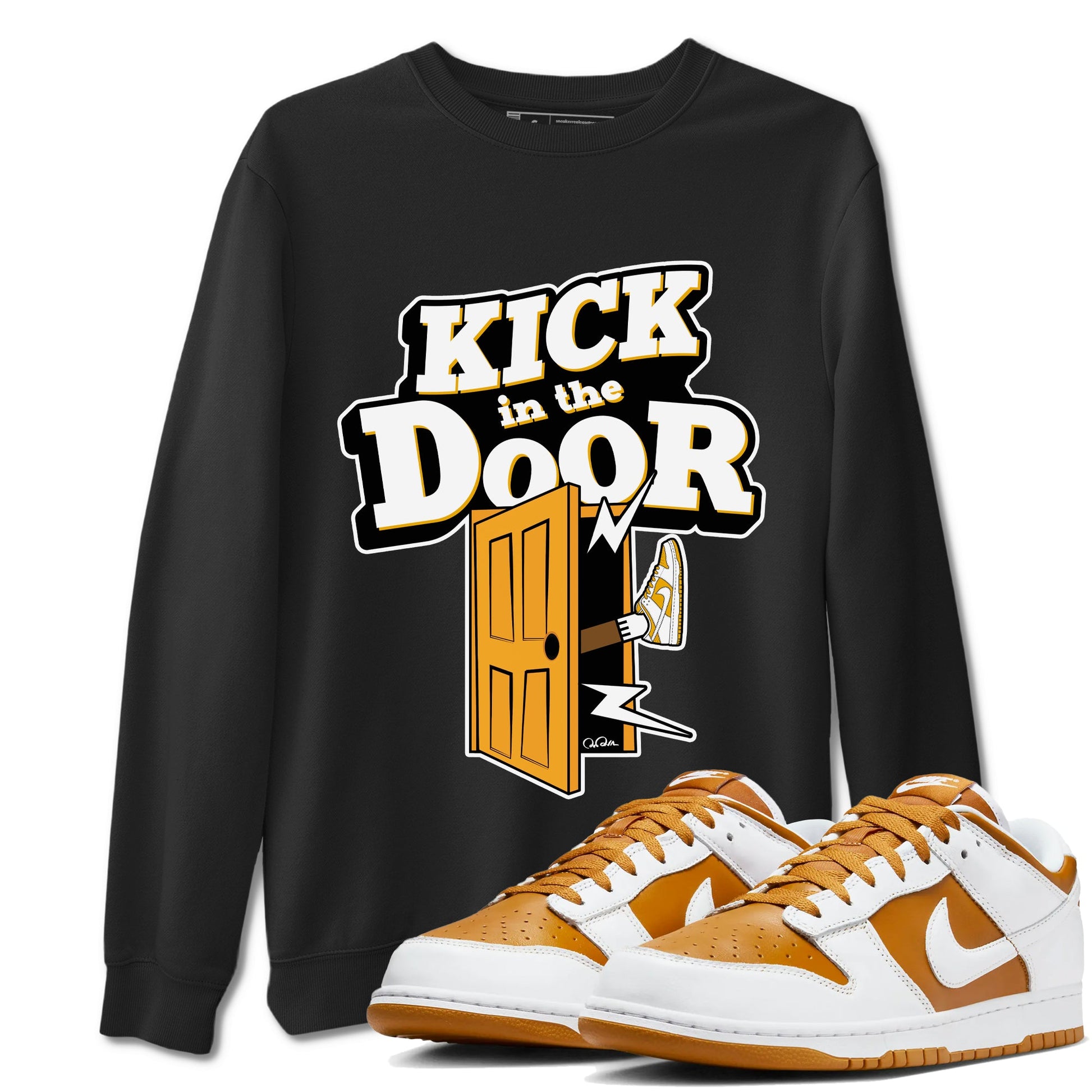 Dunk Dark Curry shirt to match jordans Kick In The Door sneaker tees AJ1 Low Dark Curry SNRT Sneaker Release Tees unisex cotton Black 1 crew neck shirt