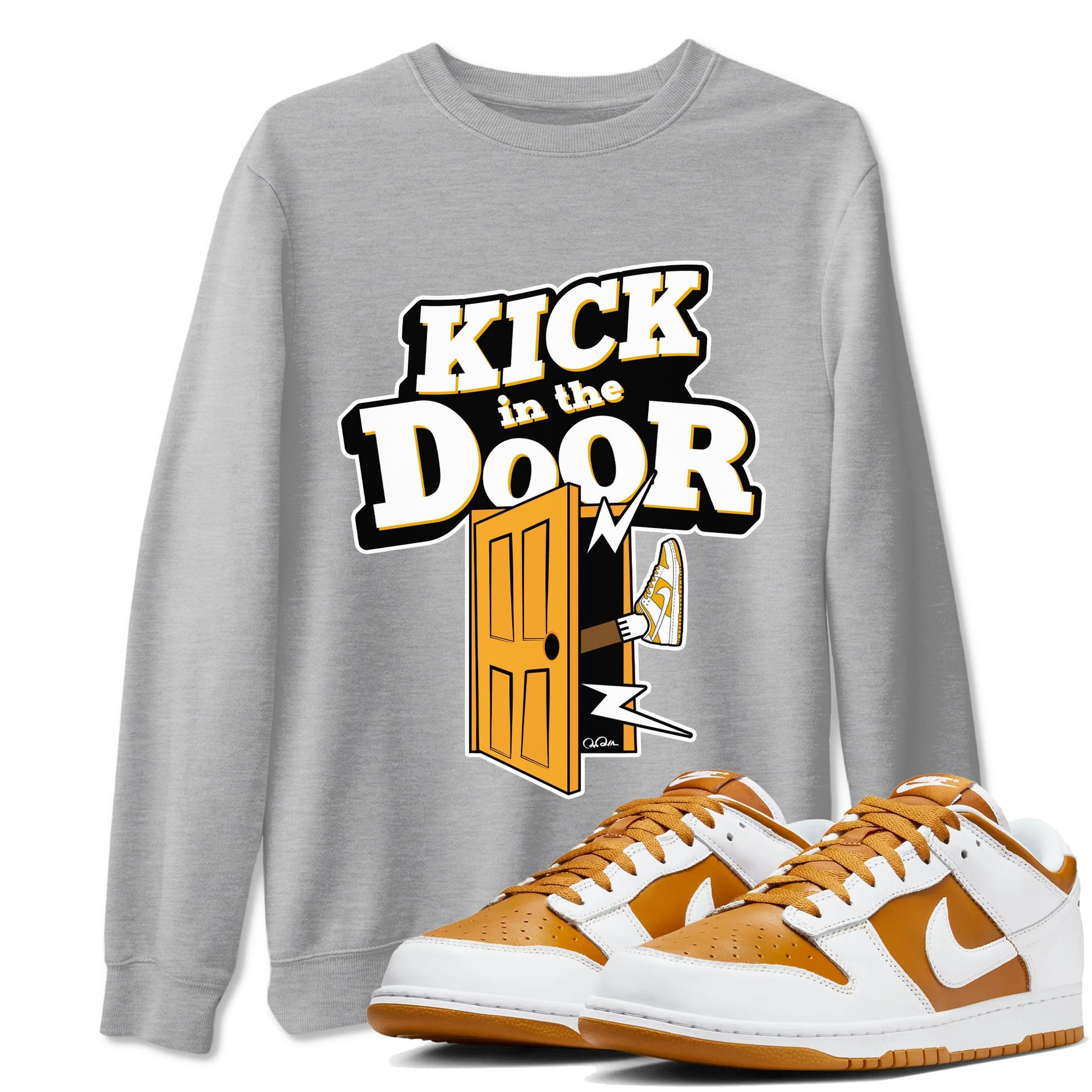 Dunk Dark Curry shirt to match jordans Kick In The Door sneaker tees AJ1 Low Dark Curry SNRT Sneaker Release Tees unisex cotton Heather Grey 1 crew neck shirt
