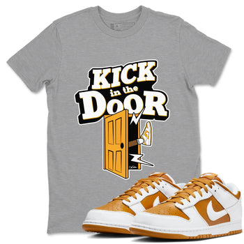 Dunk Dark Curry shirt to match jordans Kick In The Door sneaker tees AJ1 Low Dark Curry SNRT Sneaker Release Tees unisex cotton Heather Grey 1 crew neck shirt