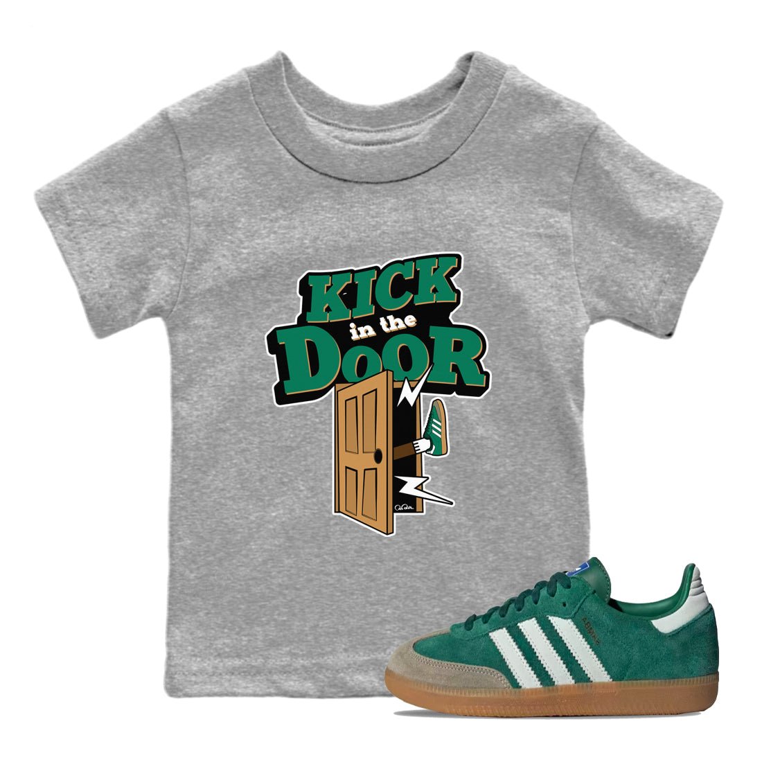 Samba Collegiate Green Gum shirt to match jordans Kick In The Door sneaker tees Adidas Green Gum SNRT Sneaker Release Tees Baby Toddler Heather Grey 1 T-Shirt