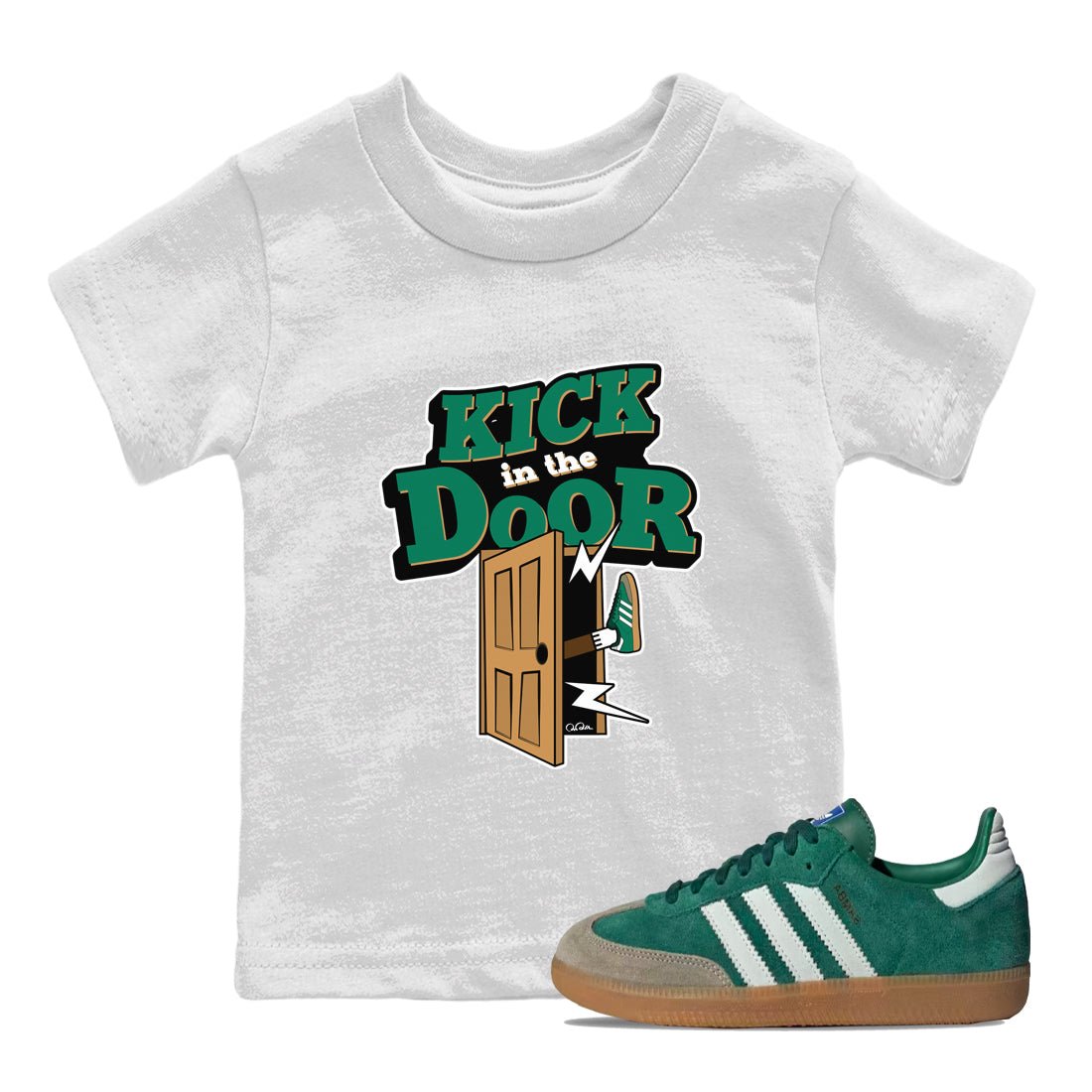 Samba Collegiate Green Gum shirt to match jordans Kick In The Door sneaker tees Adidas Green Gum SNRT Sneaker Release Tees Baby Toddler White 1 T-Shirt