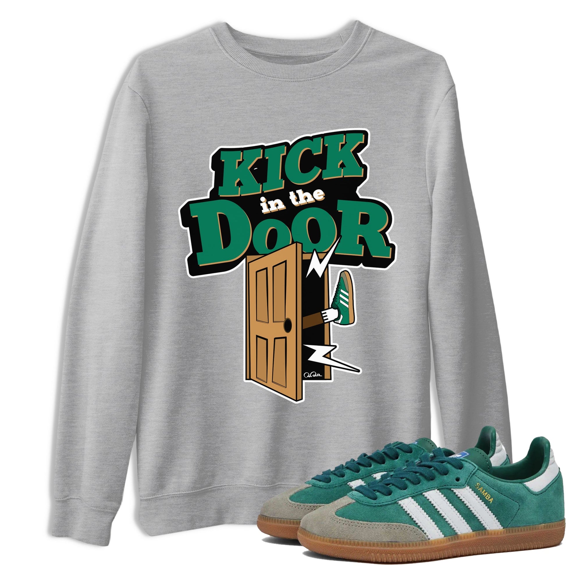 Samba Collegiate Green Gum shirt to match jordans Kick In The Door sneaker tees Adidas Green Gum SNRT Sneaker Release Tees Unisex Heather Grey 1 T-Shirt