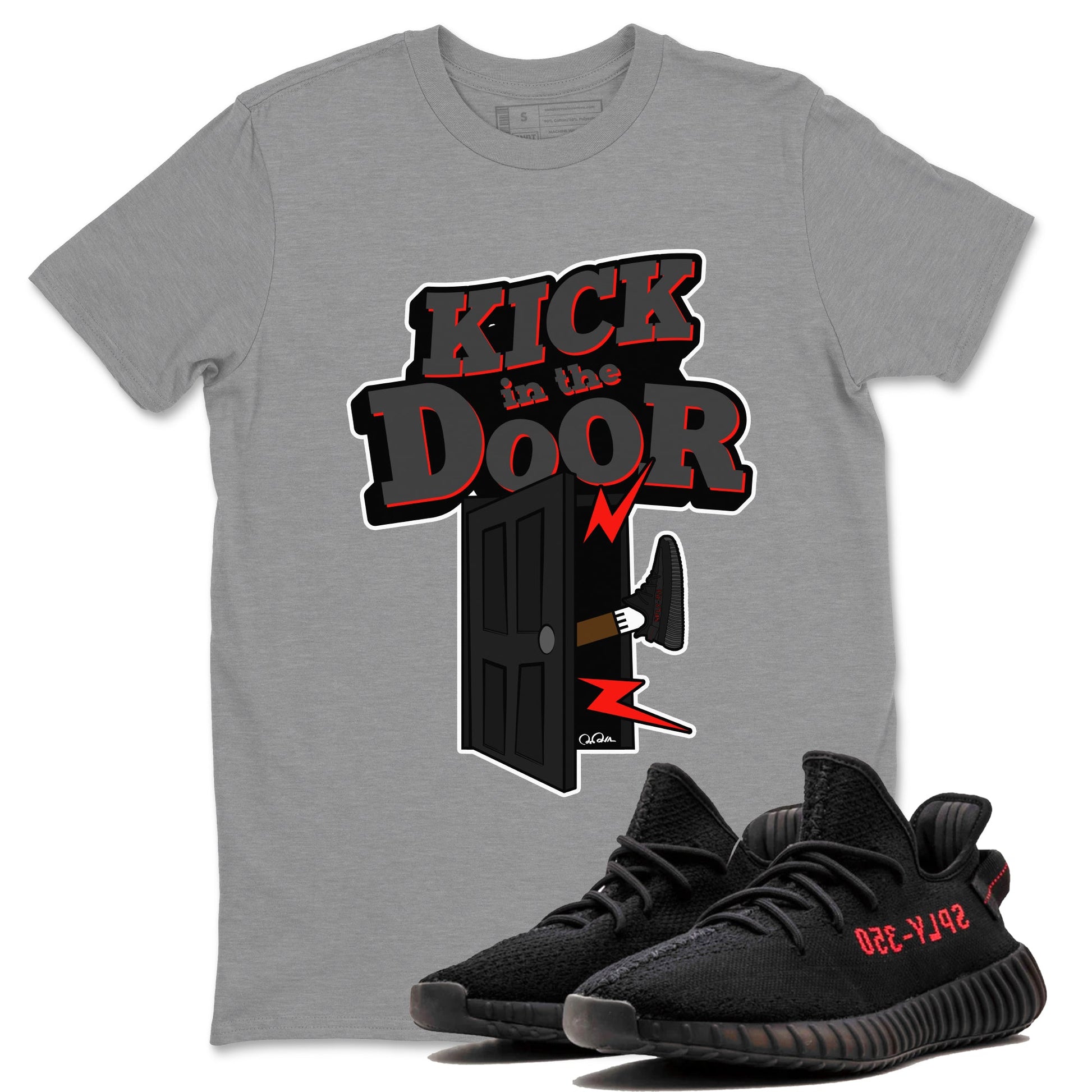 Yeezy 350 Bred shirt to match jordans Kick In The Door sneaker tees Adidas Yeezy Boost V2 350 Bred SNRT Sneaker Release Tees Unisex Heather Grey 1 T-Shirt