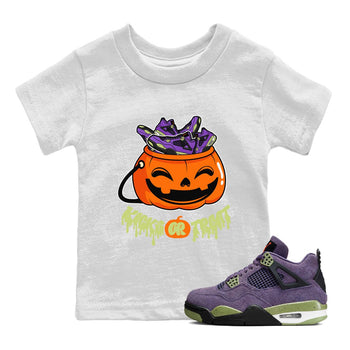 Air Jordan 4 Canyon Purple shirt to match jordans Kicks Or Treat sneaker tees AJ4 Canyon Purple Halloween Custumes SNRT Sneaker Release Tees Baby Toddler White 1 T-Shirt