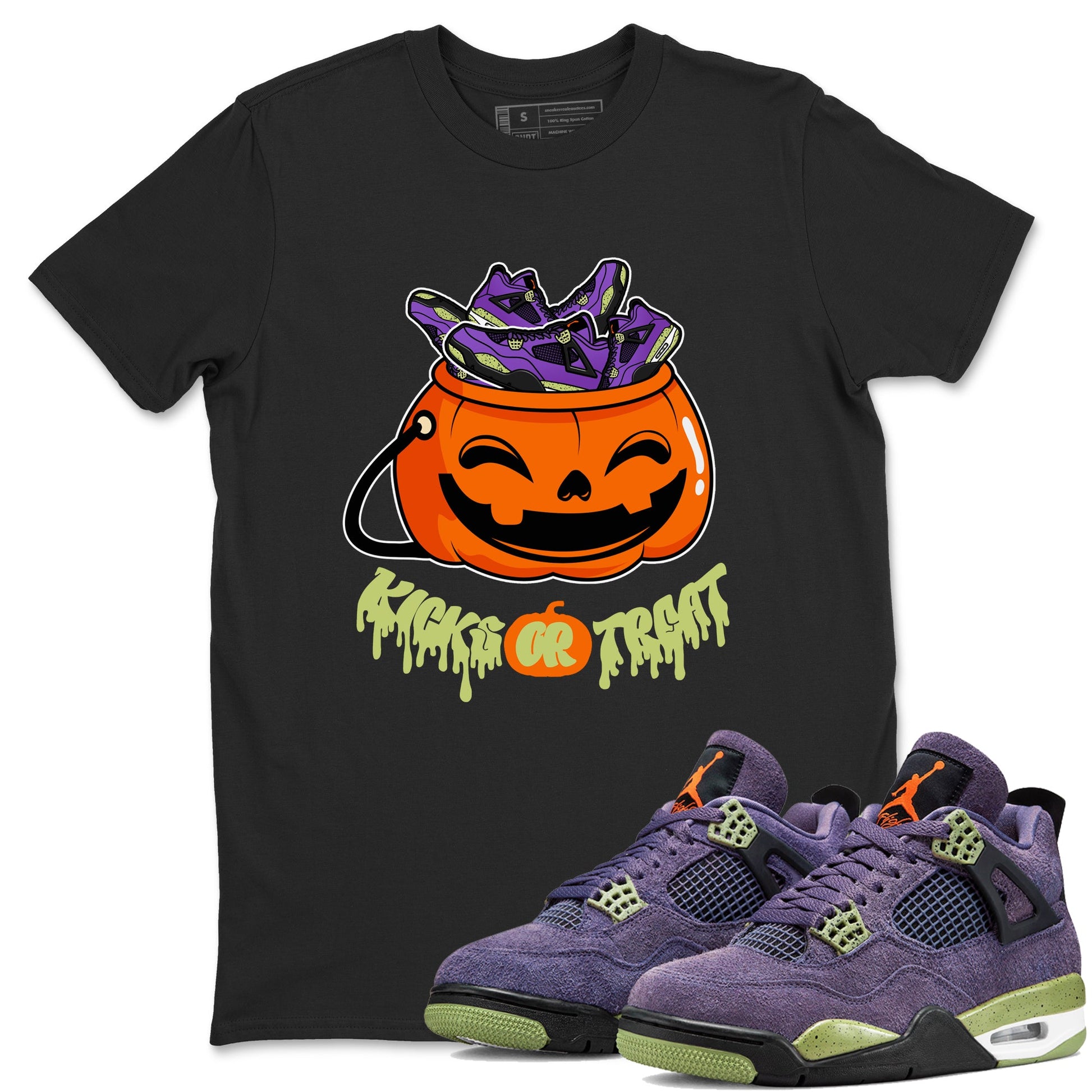 Air Jordan 4 Canyon Purple shirt to match jordans Kicks Or Treat sneaker tees AJ4 Canyon Purple Halloween Custumes SNRT Sneaker Release Tees Unisex Black 1 T-Shirt