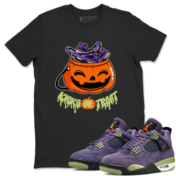Air Jordan 4 Canyon Purple shirt to match jordans Kicks Or Treat sneaker tees AJ4 Canyon Purple Halloween Custumes SNRT Sneaker Release Tees Unisex Black 1 T-Shirt