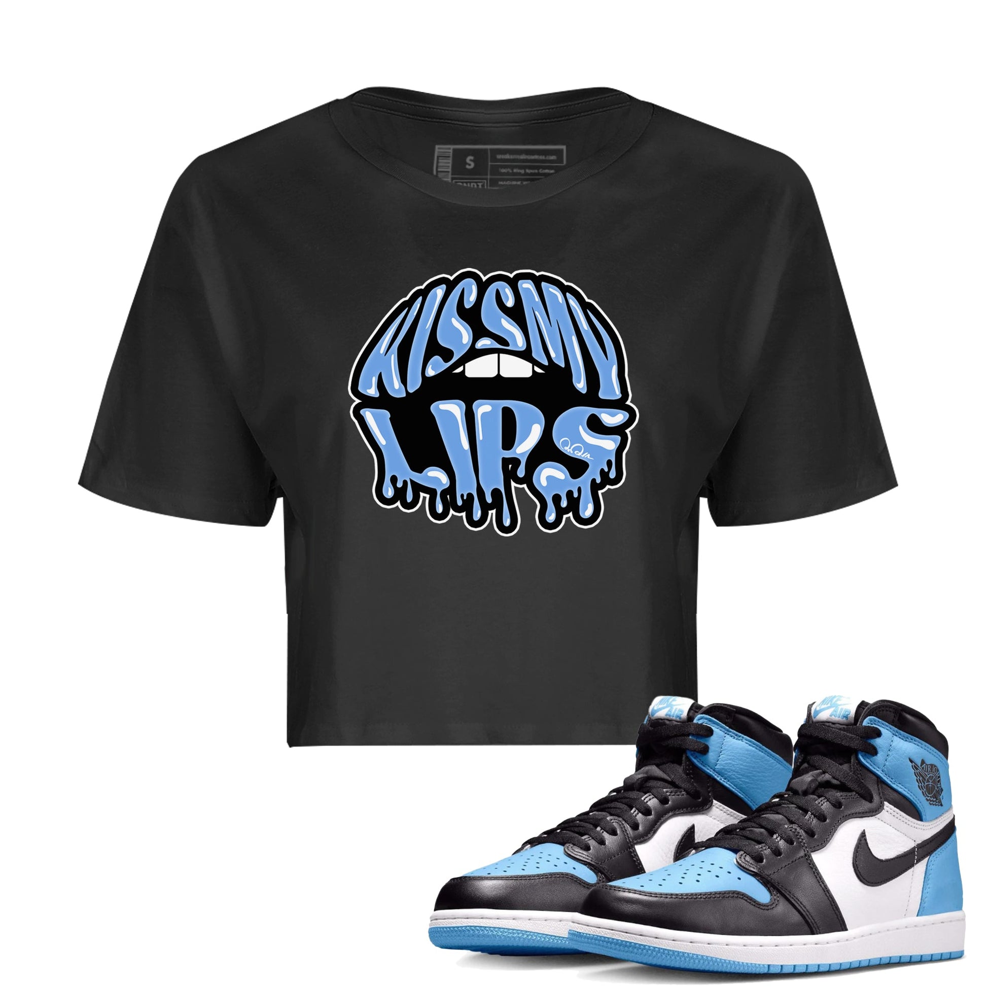 Air Jordan 1 Retro High OG UNC Toe Shirt to match Jordans Kiss My Lips Sneaker Tees AJ1 High OG UNC Toe SNRT Sneaker Release Tees Crop T-Shirts Black 1