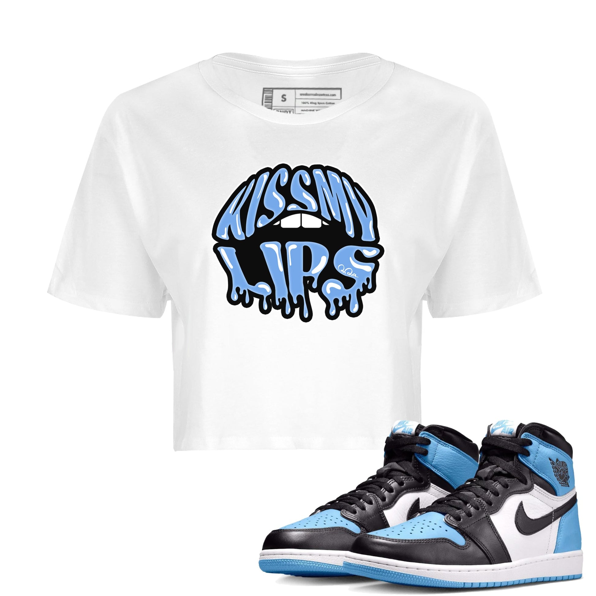 Air Jordan 1 Retro High OG UNC Toe Shirt to match Jordans Kiss My Lips Sneaker Tees AJ1 High OG UNC Toe SNRT Sneaker Release Tees Crop T-Shirts White 1