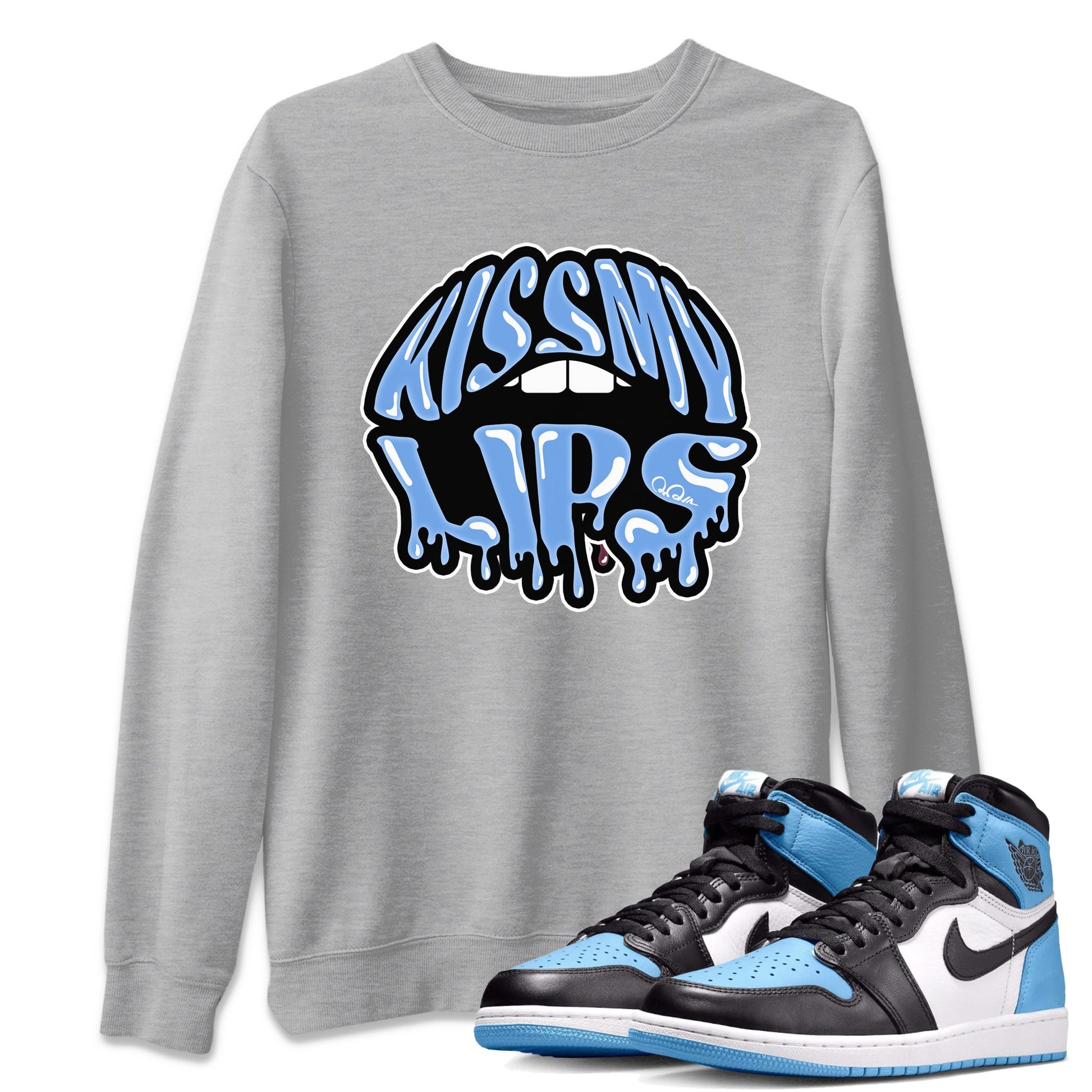Air Jordan 1 Retro High OG UNC Toe Shirt to match Jordans Kiss My Lips Sneaker Tees AJ1 High OG UNC Toe SNRT Sneaker Release Tees Crew Neck T-Shirts Heather Grey 1