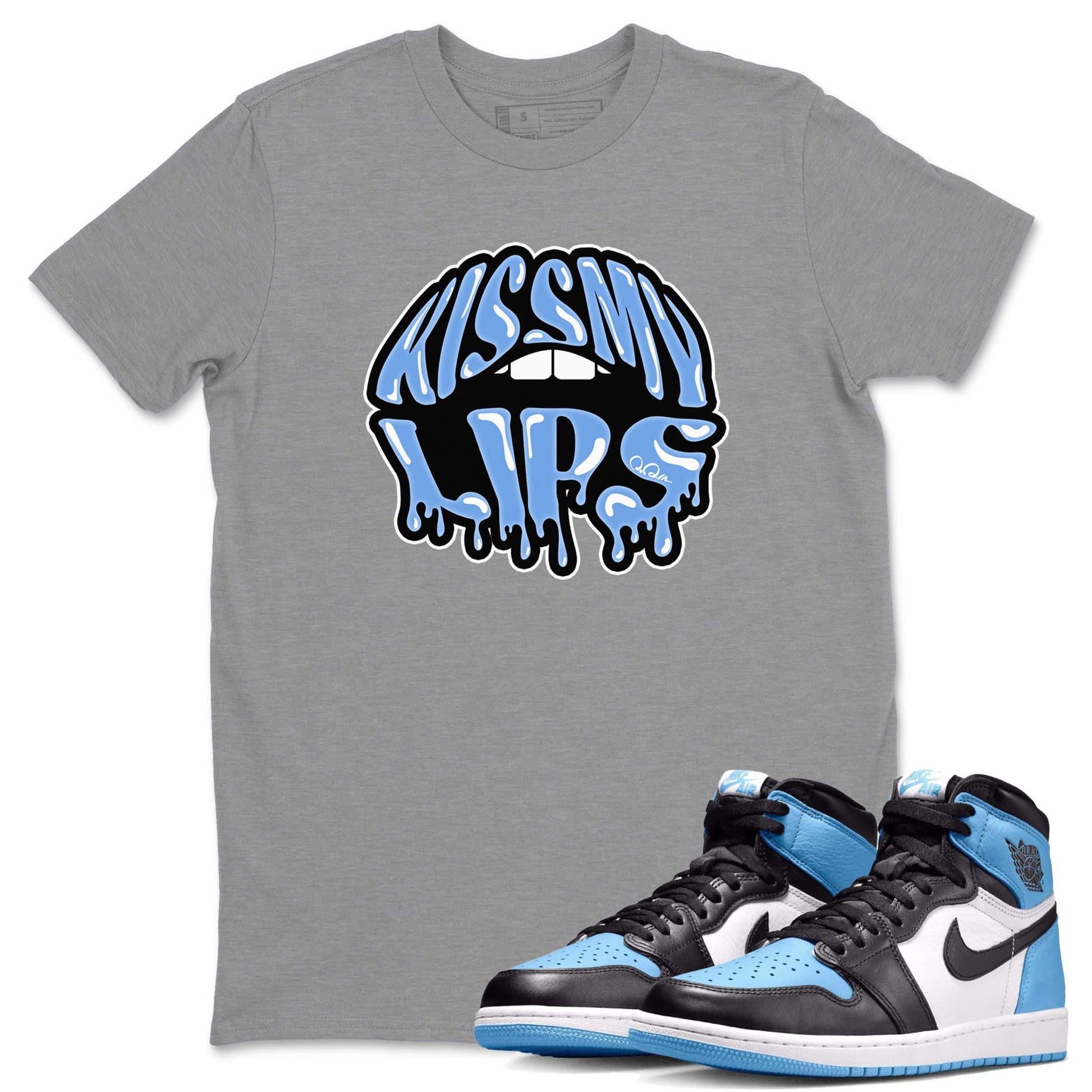 Air Jordan 1 Retro High OG UNC Toe Shirt to match Jordans Kiss My Lips Sneaker Tees AJ1 High OG UNC Toe SNRT Sneaker Release Tees Crew Neck T-Shirts Heather Grey 1