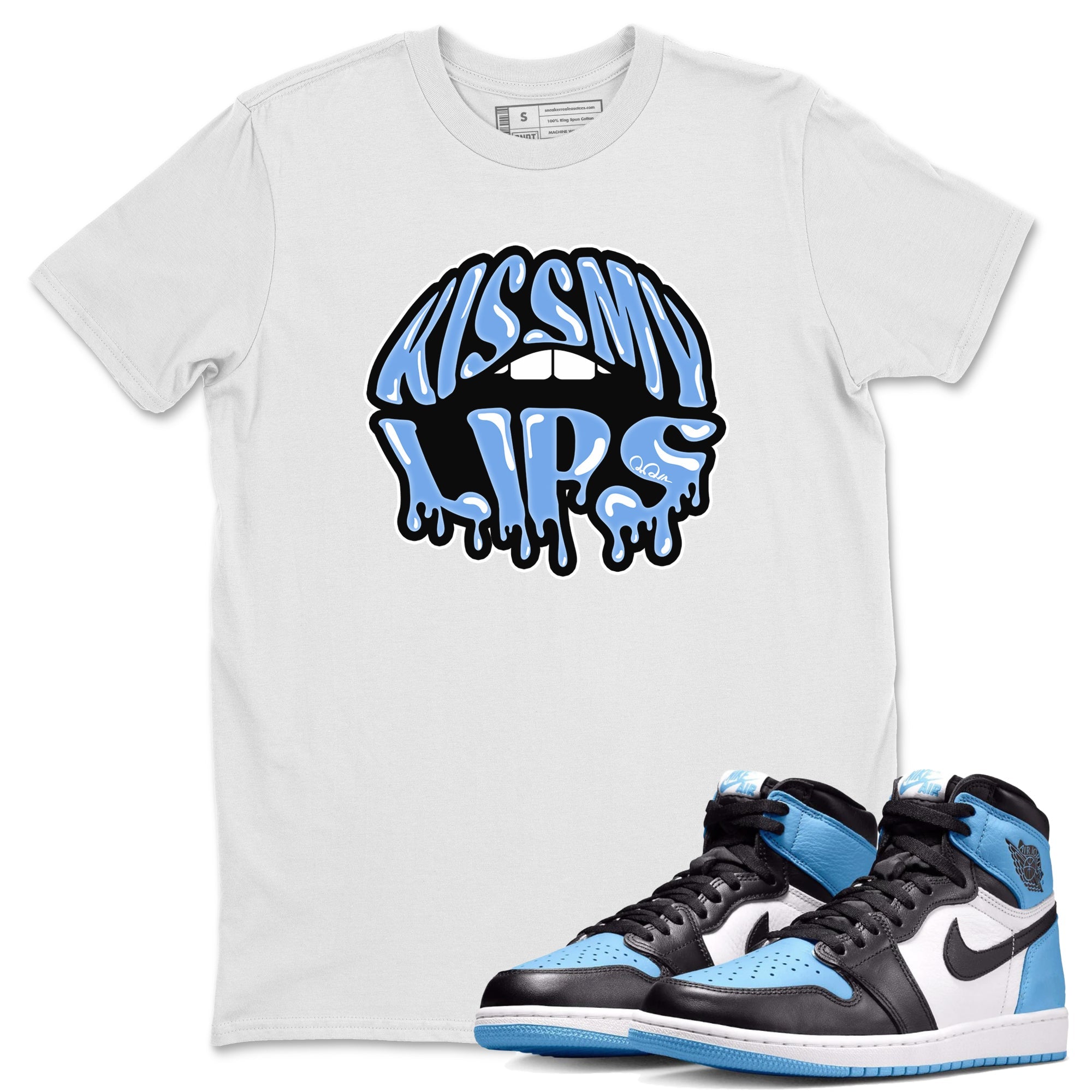 Air Jordan 1 Retro High OG UNC Toe Shirt to match Jordans Kiss My Lips Sneaker Tees AJ1 High OG UNC Toe SNRT Sneaker Release Tees Crew Neck T-Shirts White 1
