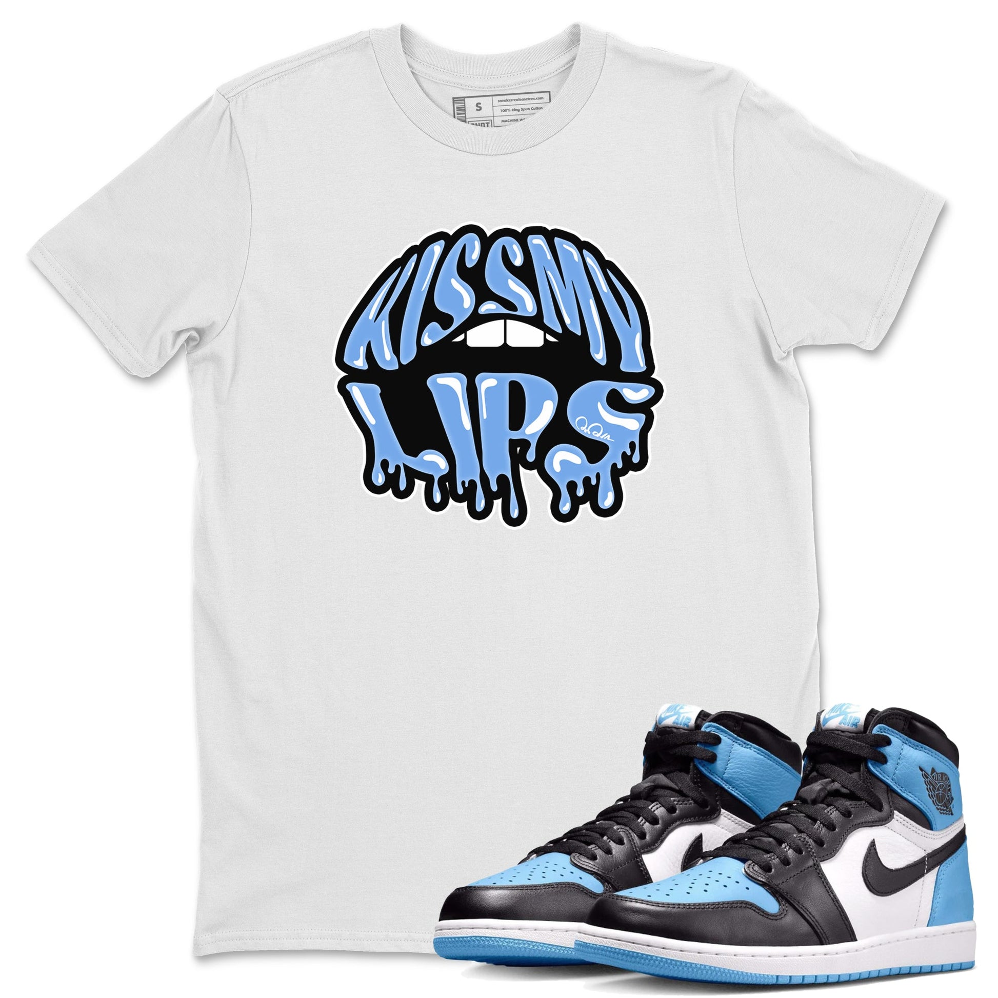 Air Jordan 1 Retro High OG UNC Toe Shirt to match Jordans Kiss My Lips Sneaker Tees AJ1 High OG UNC Toe SNRT Sneaker Release Tees Crew Neck T-Shirts White 1