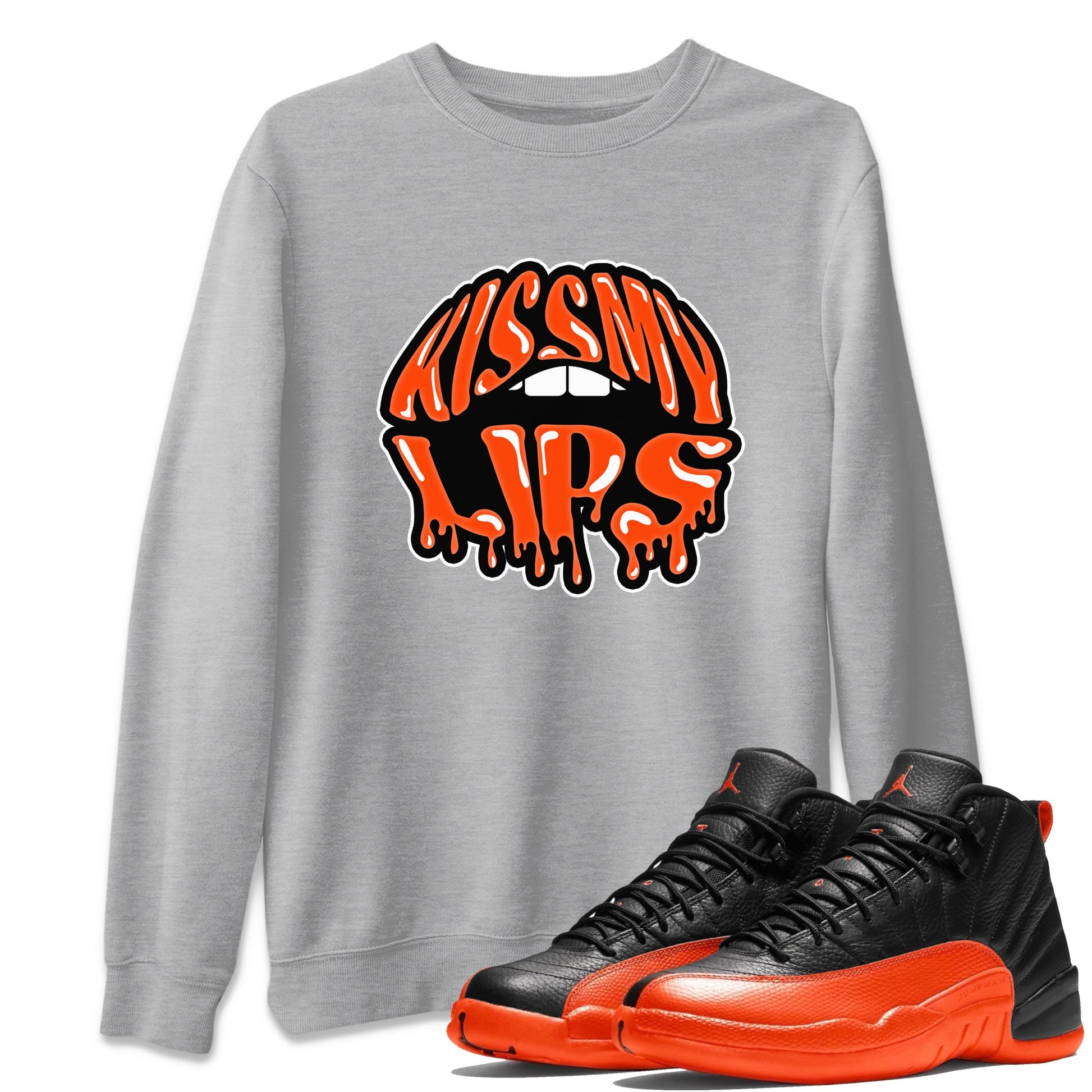 Air Jordan 12 Brilliant Orange Sneaker Match Tees Kiss My Lips Sneaker Tees AJ12 Brilliant Orange Sneaker Release Tees Unisex Shirts Heather Grey 1
