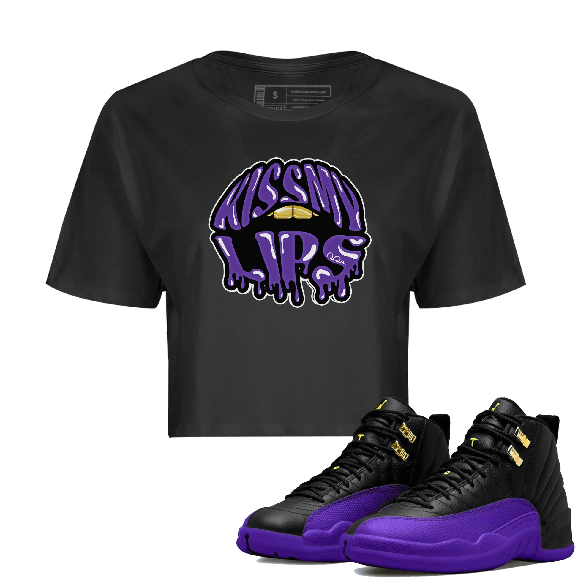 Air Jordan 12 Field Purple Sneaker Match Tees Kiss My Lips Sneaker Tees AJJordan 12 Lakers Sneaker Release Tees Women's Shirts Black 1