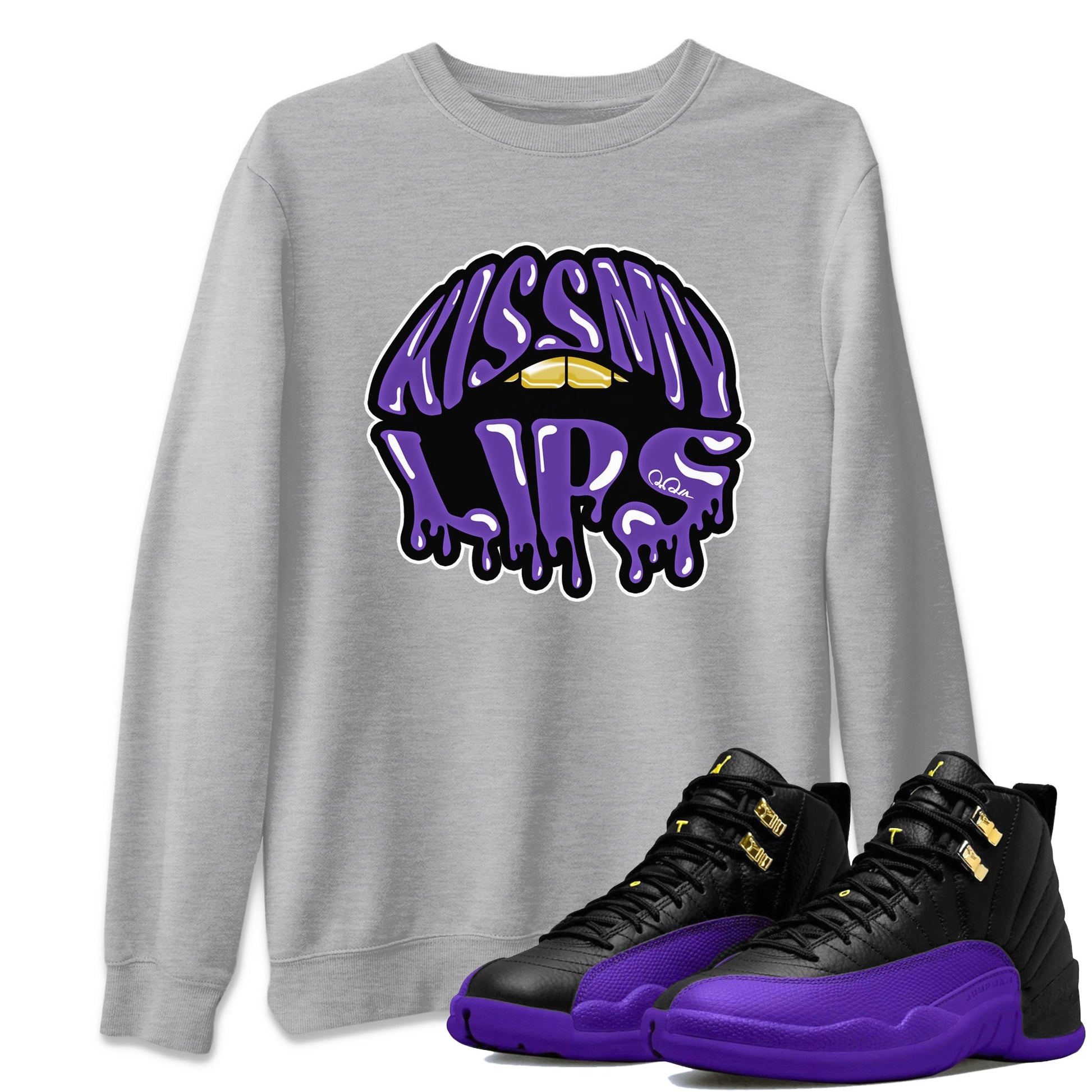 Air Jordan 12 Field Purple Sneaker Match Tees Kiss My Lips Sneaker Tees AJJordan 12 Lakers Sneaker Release Tees Unisex Shirts Heather Grey 1
