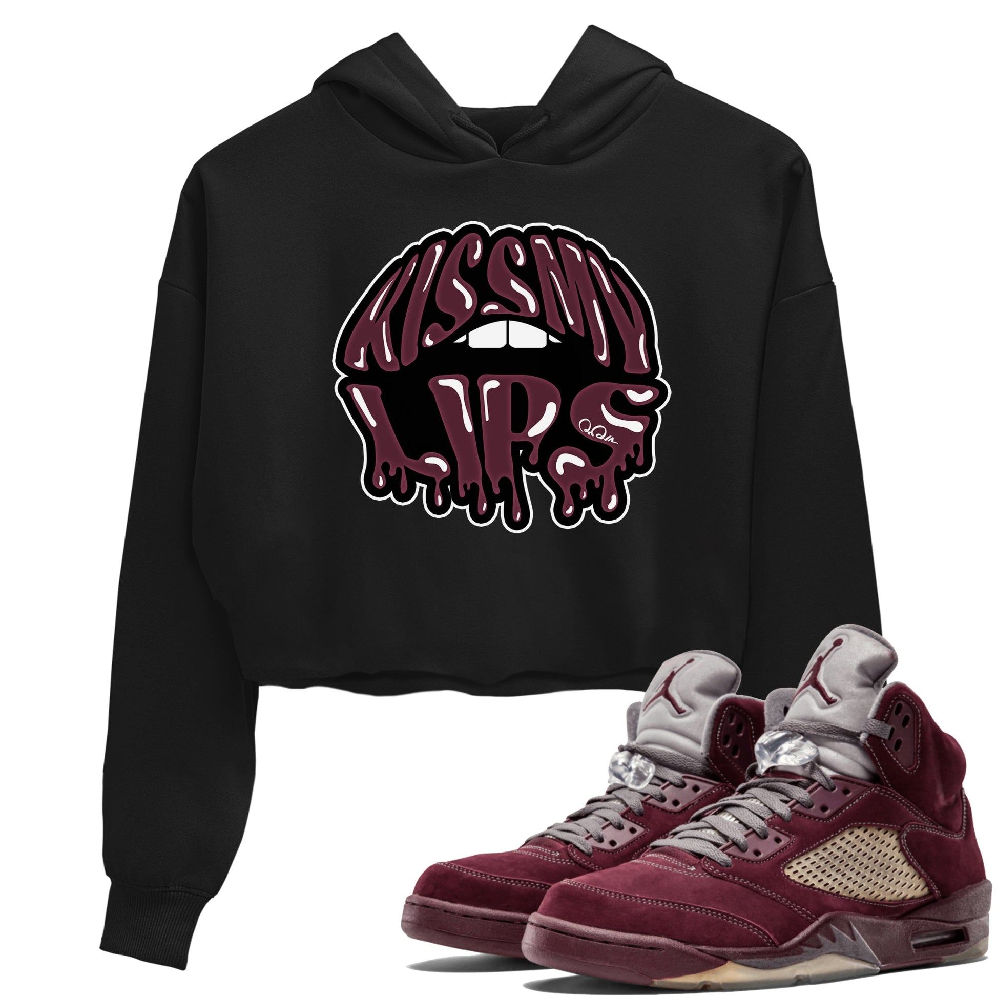 Air Jordan 5 Burgundy Sneaker Match Tees Kiss My Lips Sneaker Tees AJ5 Burgundy Sneaker Release Tees Women's Shirts Black 1