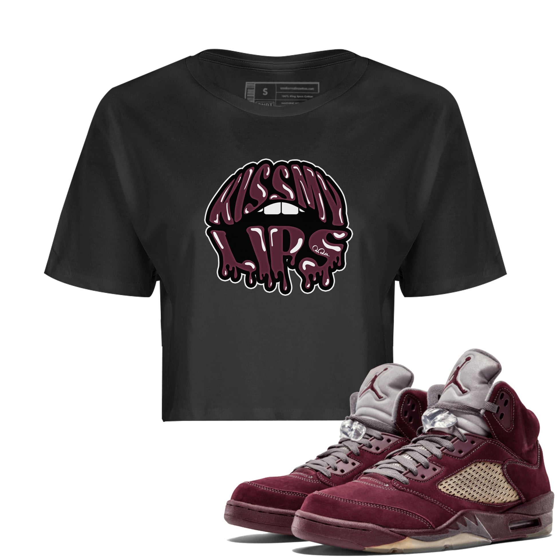 Air Jordan 5 Burgundy Sneaker Match Tees Kiss My Lips Sneaker Tees AJ5 Burgundy Sneaker Release Tees Women's Shirts Black 1