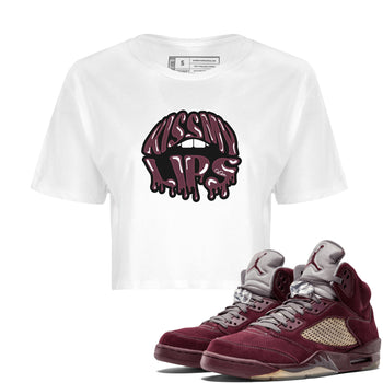 Air Jordan 5 Burgundy Sneaker Match Tees Kiss My Lips Sneaker Tees AJ5 Burgundy Sneaker Release Tees Women's Shirts White 1