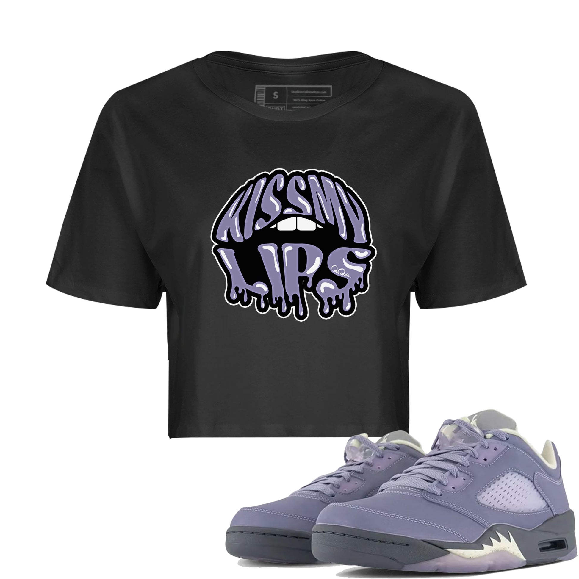 Air Jordan 5 Indigo Haze Sneaker Match Tees Kiss My Lips Sneaker Tees AJ5 Indigo Haze Sneaker Release Tees Women's Shirts Black 1