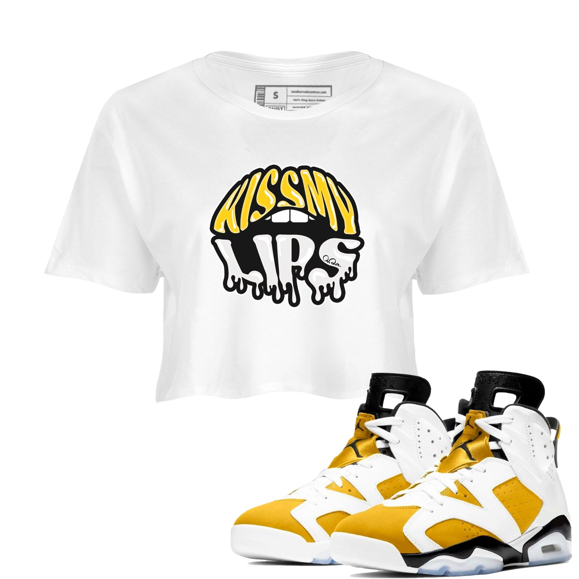 Air Jordan 6 Yellow Ochre shirt to match jordans Kiss My Lips sneaker tees AJ6 Yellow Ochre SNRT Sneaker Release Tees White 1 Crop T-Shirt