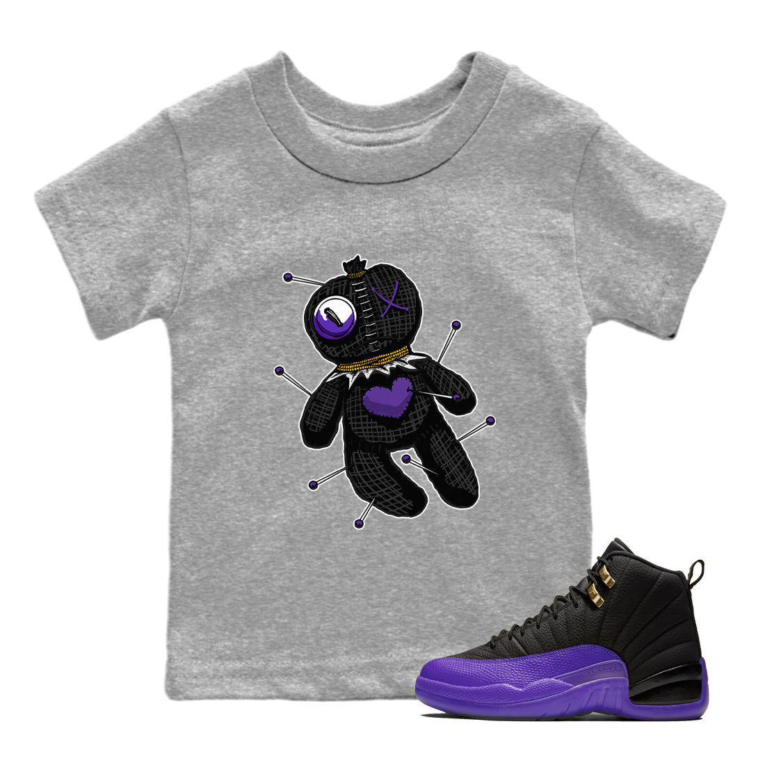 Air Jordan 12 Field Purple unique Halloween sneaker tee Linen Voodoo Doll Sneaker Tees 12s Field Purple Sneaker Release Tees Kids Shirts Heather Grey 1