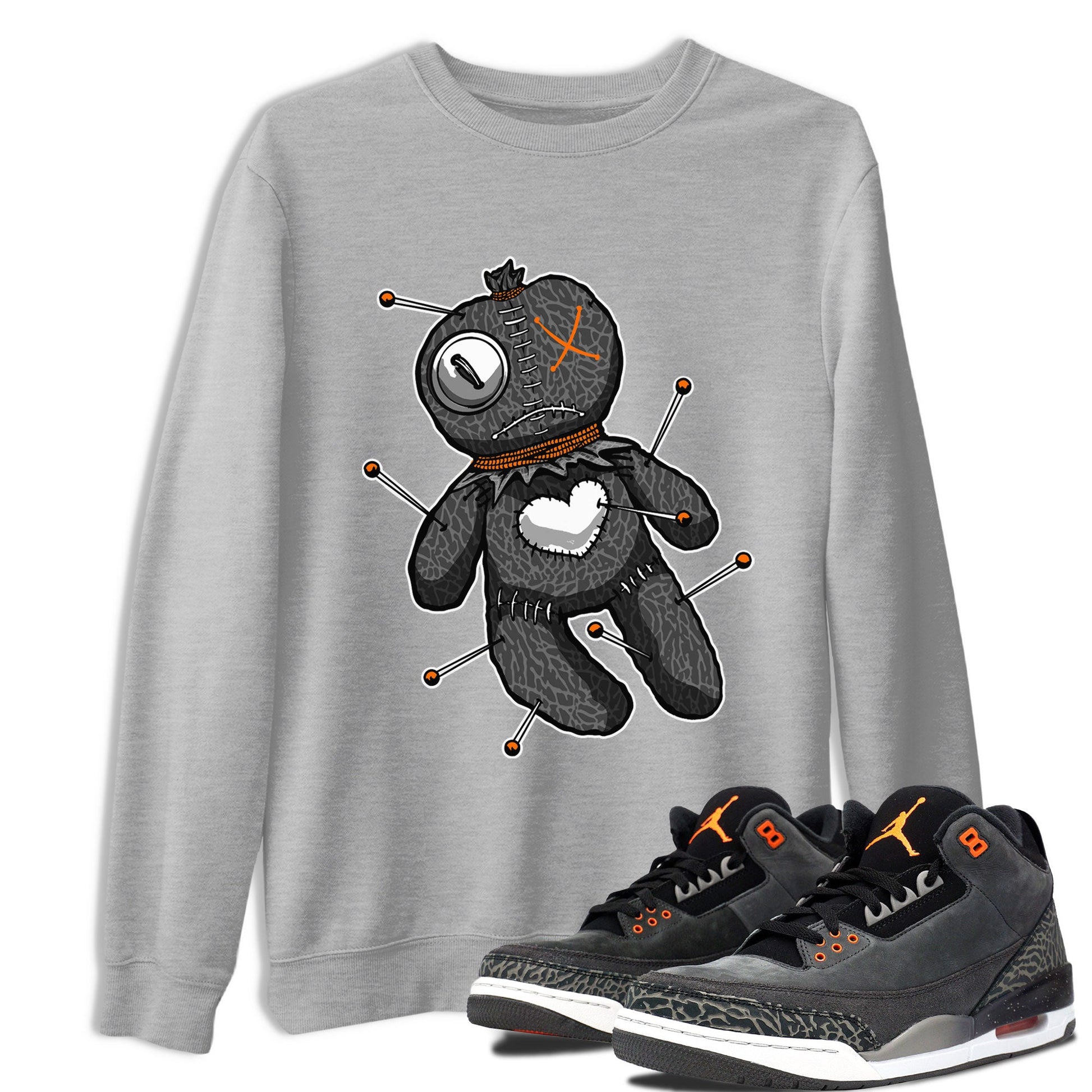 Air Jordan 3 Fear shirt to match jordans Linen Voodoo Doll Halloween sneaker tees Crew Neck Air Jordan 3 Retro Fear SNRT Sneaker Release Tees Unisex Casual Shirts Heather Grey 1 T-Shirt