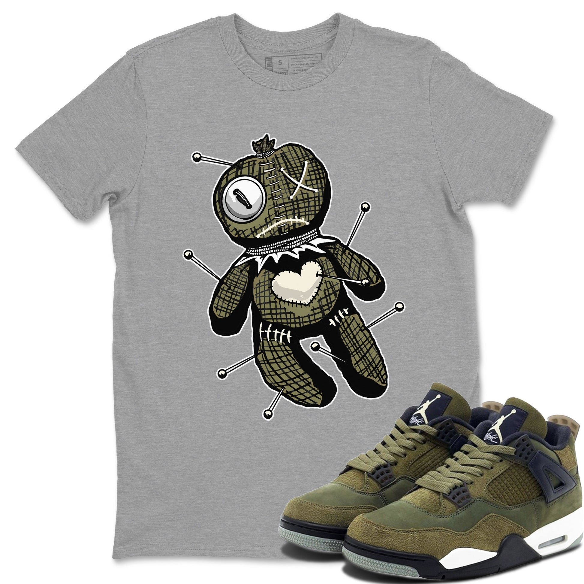 Air Jordan 4 Medium Olive shirt to match jordans Linen Voodoo Doll unique Halloween sneaker tee 4s Olive SNRT Sneaker Release Tees Unisex Heather Grey 1 T-Shirt