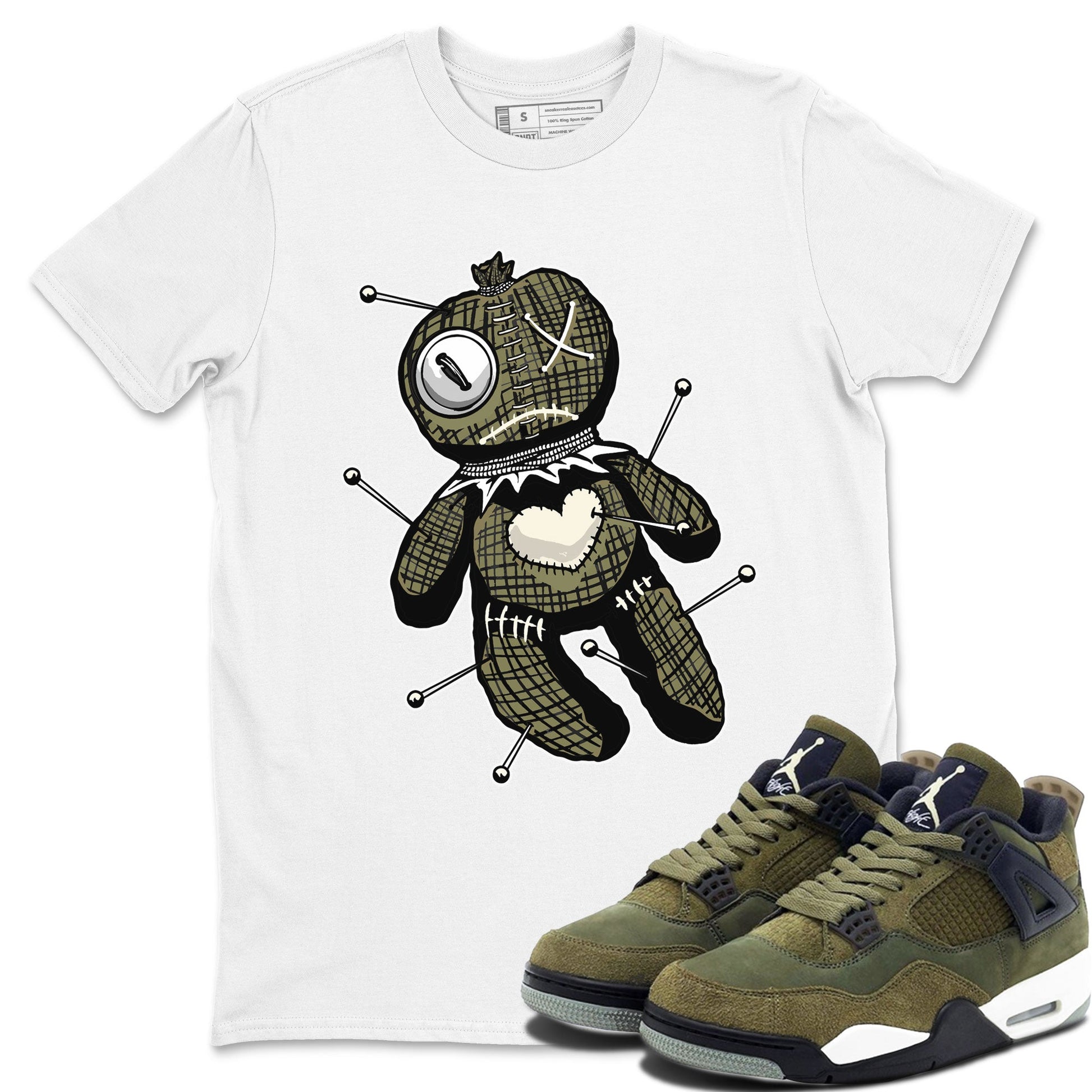 Air Jordan 4 Medium Olive shirt to match jordans Linen Voodoo Doll unique Halloween sneaker tee 4s Olive SNRT Sneaker Release Tees Unisex White 1 T-Shirt