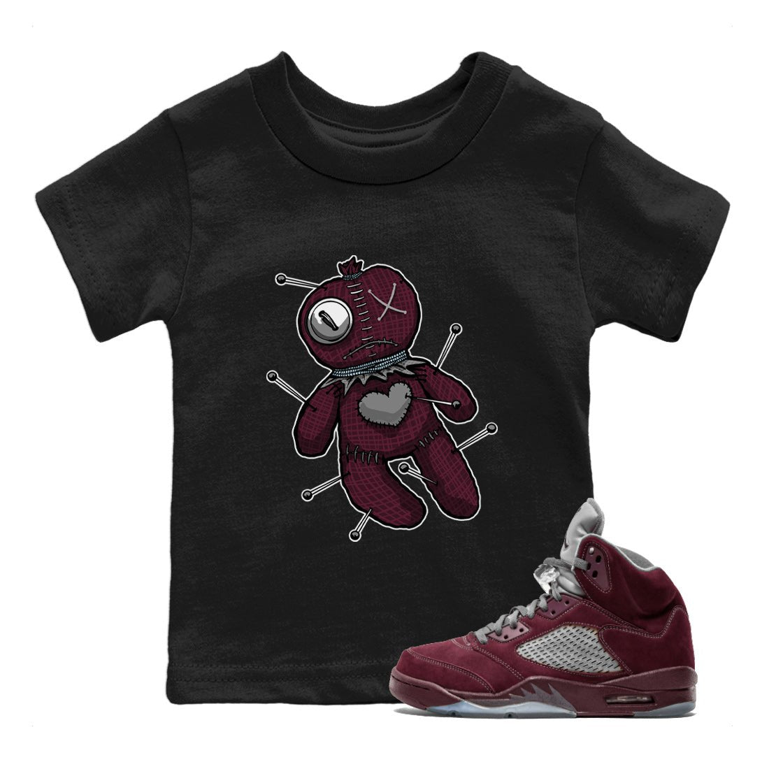 Air Jordan 5 Burgundy unique Halloween sneaker tee Linen Voodoo Doll Sneaker Tees 5s Burgundy Sneaker Release Tees Kids Shirts Black 1