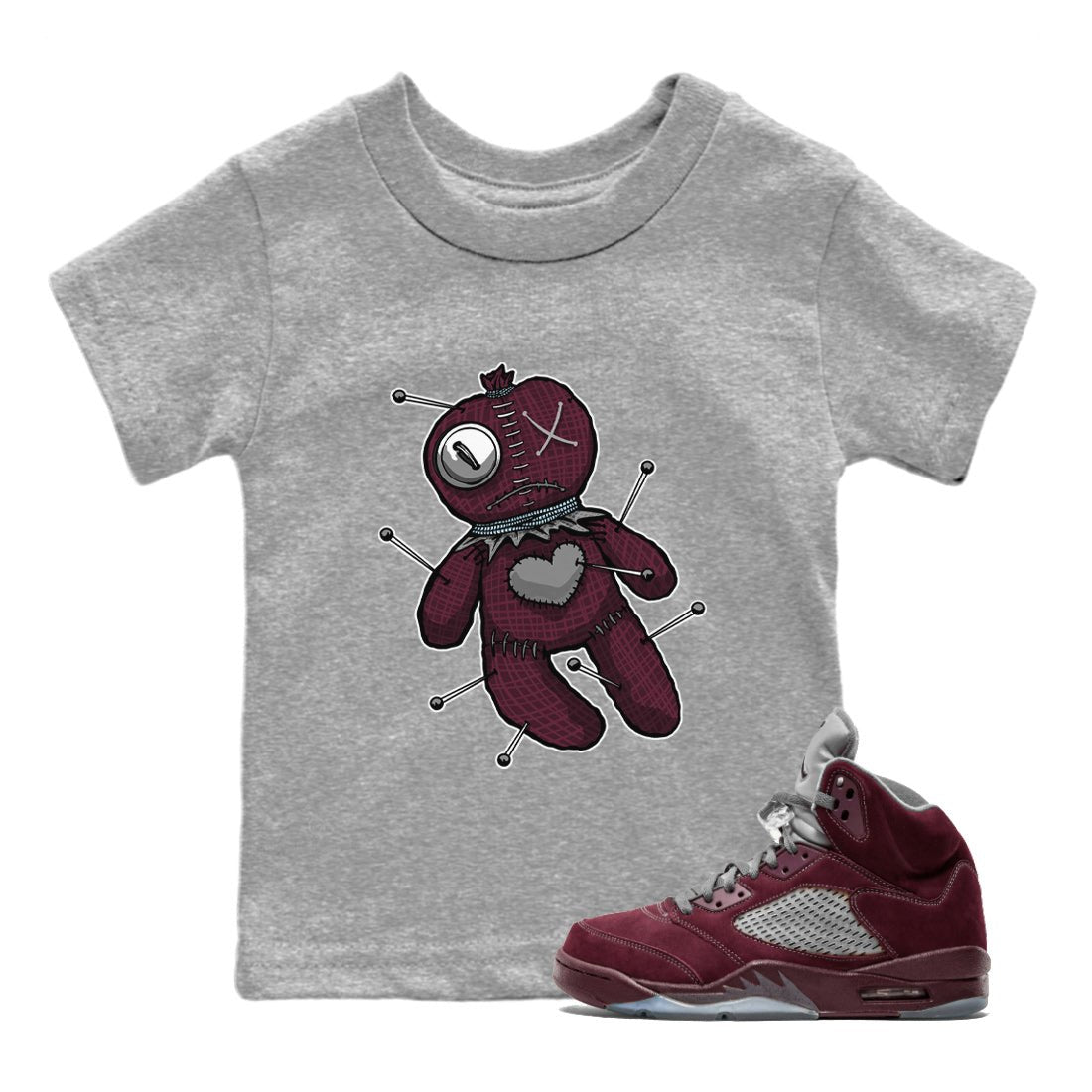 Air Jordan 5 Burgundy unique Halloween sneaker tee Linen Voodoo Doll Sneaker Tees 5s Burgundy Sneaker Release Tees Kids Shirts Heather Grey 1