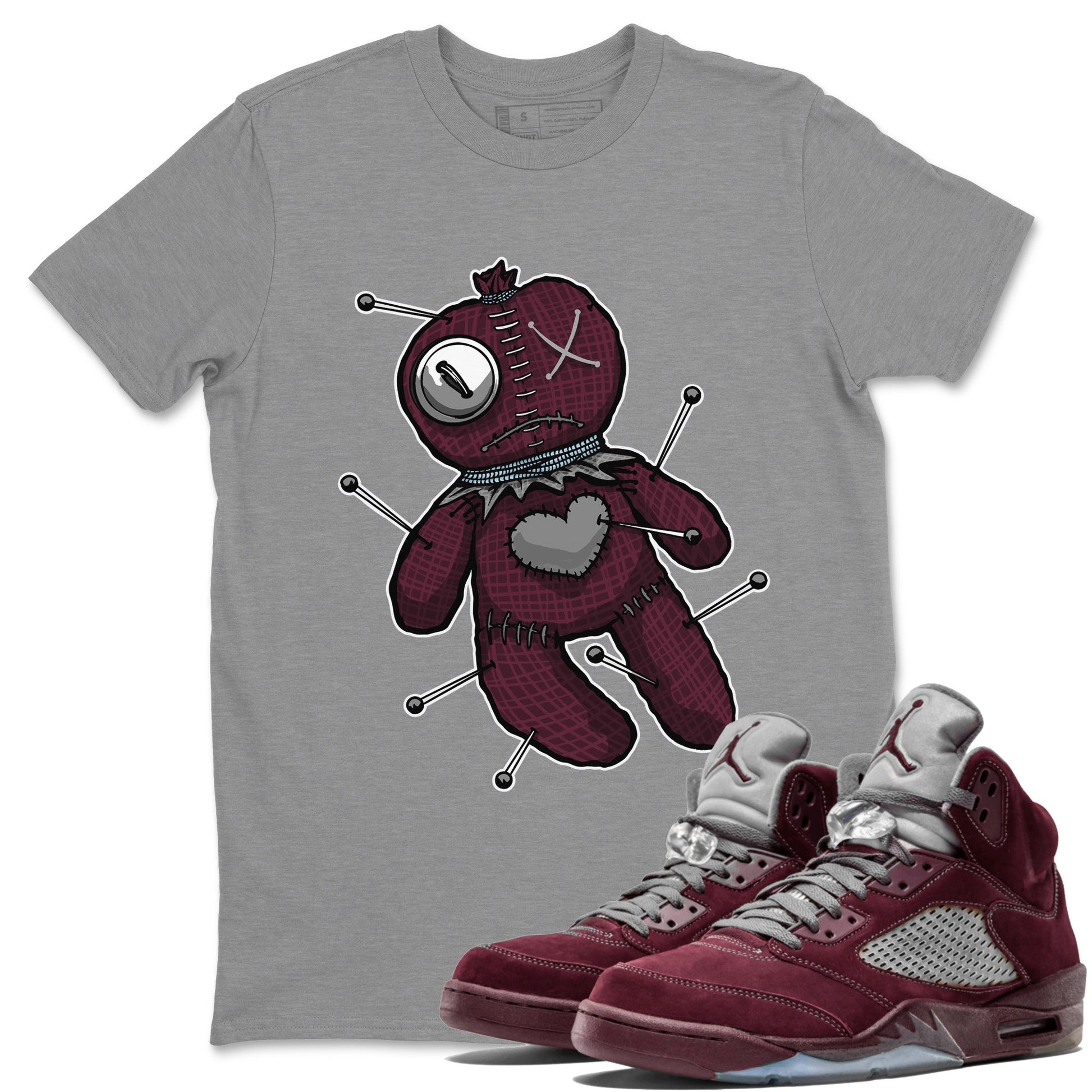 Air Jordan 5 Burgundy unique Halloween sneaker tee Linen Voodoo Doll Sneaker Tees 5s Burgundy Sneaker Release Tees Unisex Shirts Heather Grey 1