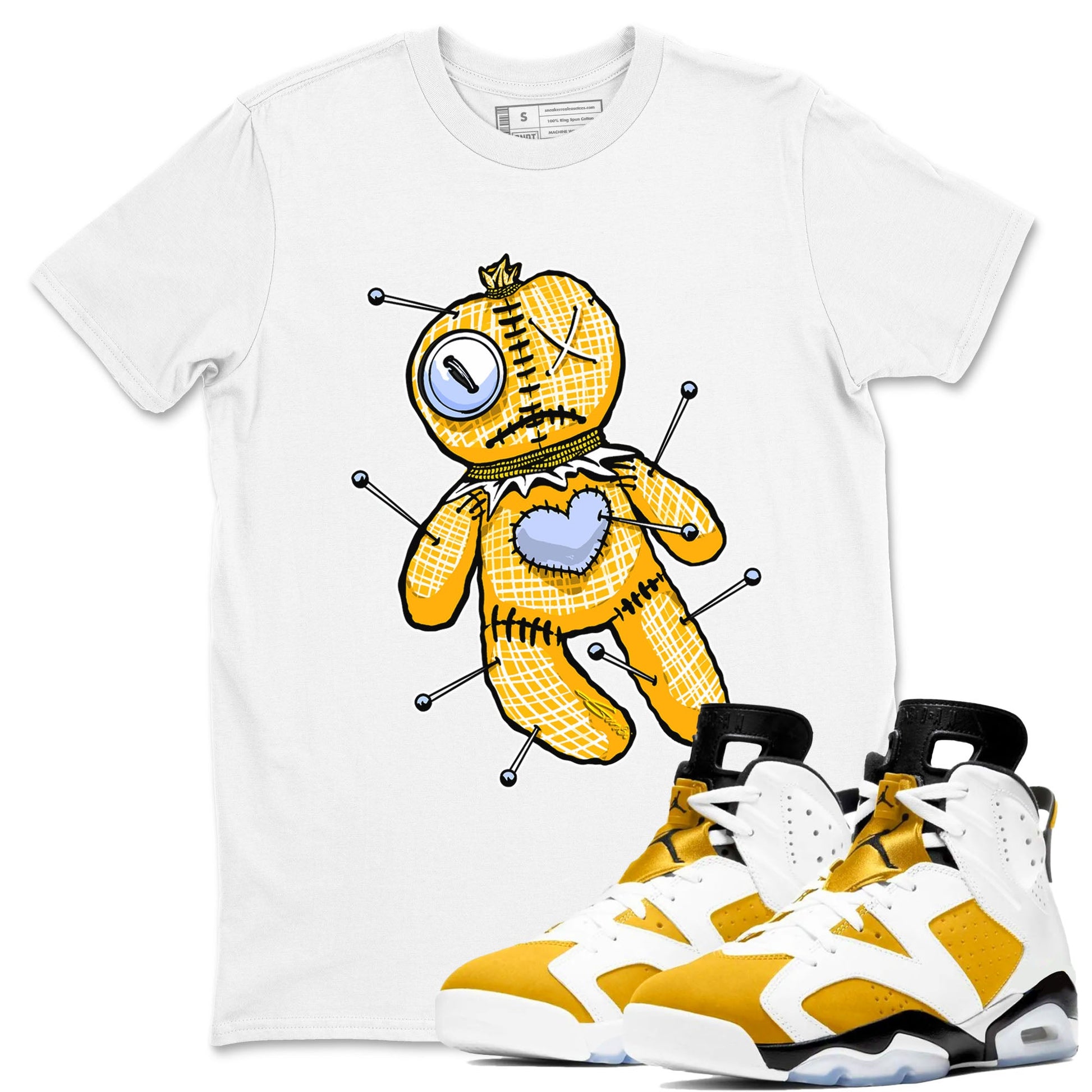 Jordan 6 Yellow Ochre Shirt To Match Jordans Linen Voodoo Doll Streetwear Fashion Air Jordan 6 Yellow Ochre SNRT Sneaker Release Tees unisex cotton White 1 crew neck shirt