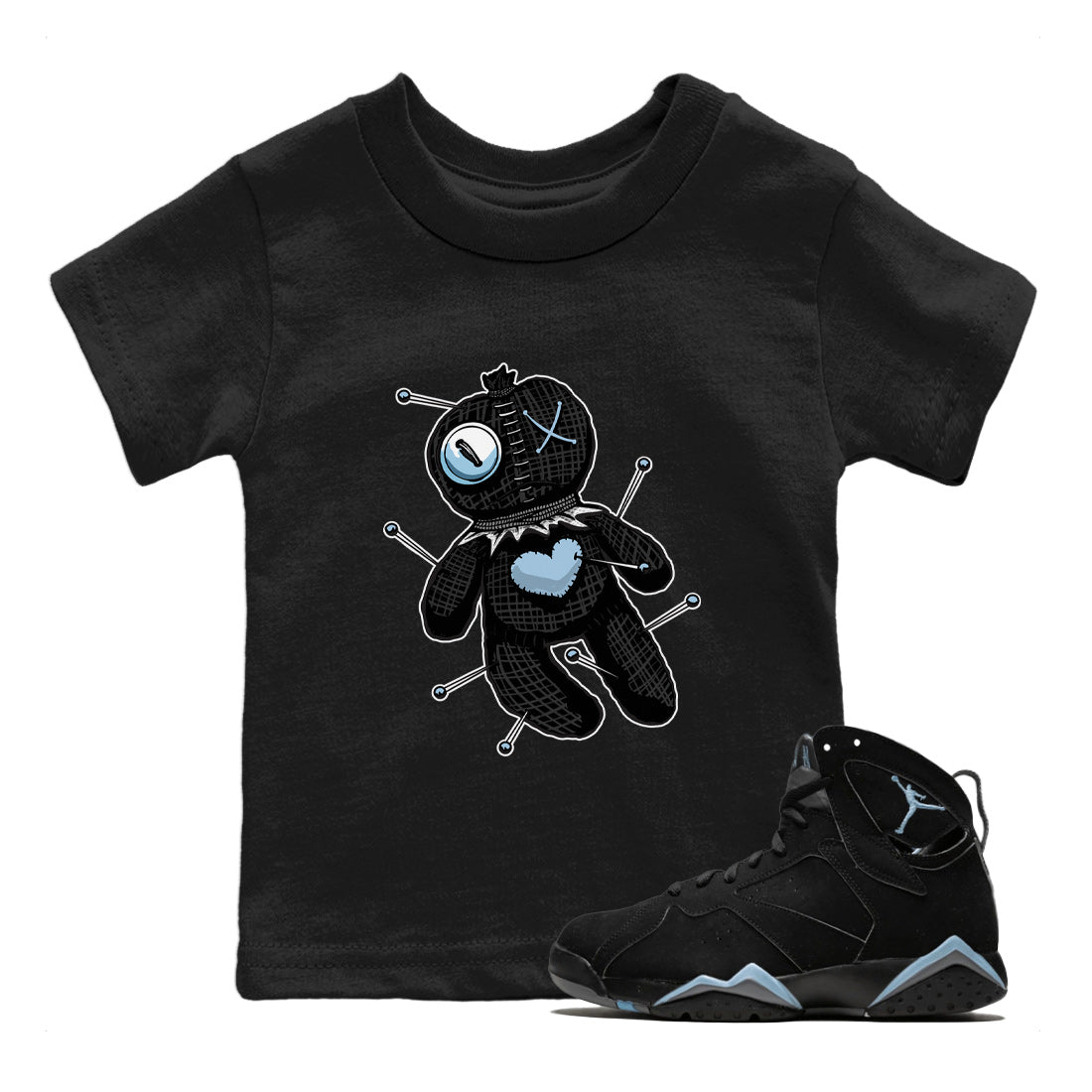 Air Jordan 7 Chambray unique Halloween sneaker tee Linen Voodoo Doll Sneaker Tees Jordan 7 Chambray Sneaker Release Tees Kids Shirts Black 1