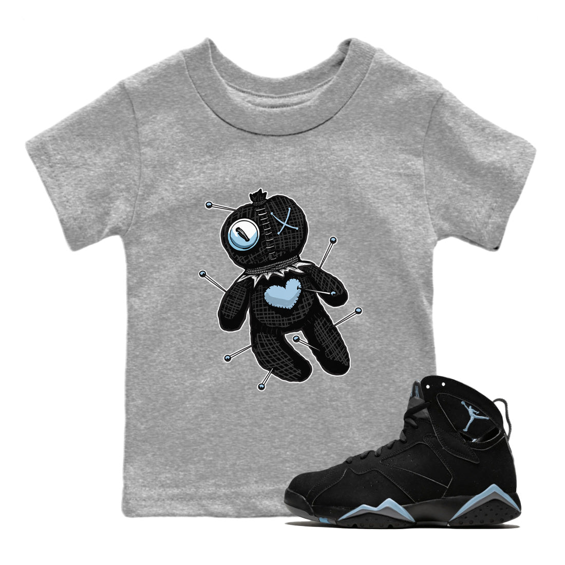 Air Jordan 7 Chambray unique Halloween sneaker tee Linen Voodoo Doll Sneaker Tees Jordan 7 Chambray Sneaker Release Tees Kids Shirts Heather Grey 1