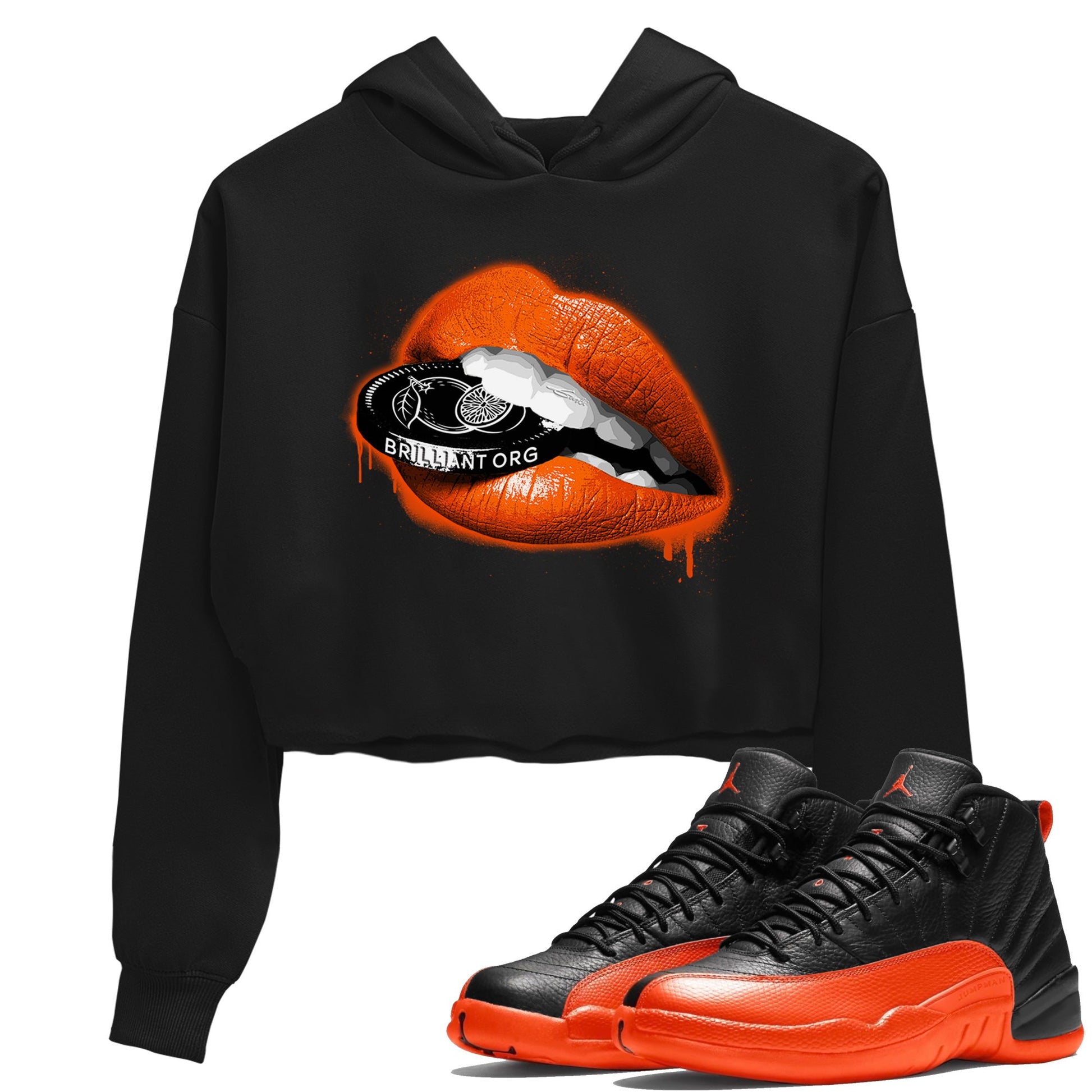 Air Jordan 12 Brilliant Orange Sneaker Match Tees Lips Coin Sneaker Tees 12s Brilliant Orange Tee Women's Shirts Black 1