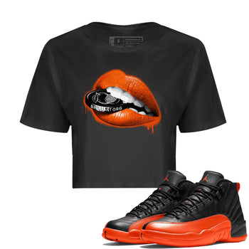 Air Jordan 12 Brilliant Orange Sneaker Match Tees Lips Coin Sneaker Tees 12s Brilliant Orange Tee Women's Shirts Black 1