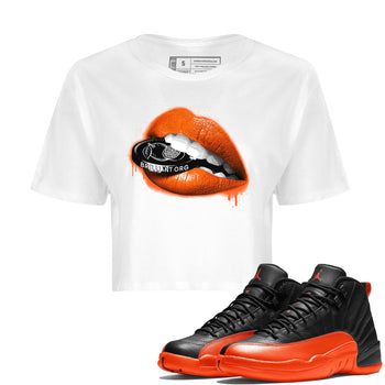 Air Jordan 12 Brilliant Orange Sneaker Match Tees Lips Coin Sneaker Tees 12s Brilliant Orange Tee Women's Shirts White 1
