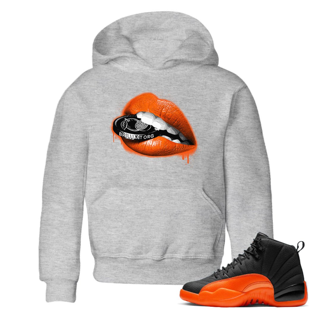 Air Jordan 12 Brilliant Orange Sneaker Match Tees Lips Coin Sneaker Tees 12s Brilliant Orange Tee Kids Shirts Heather Grey 1
