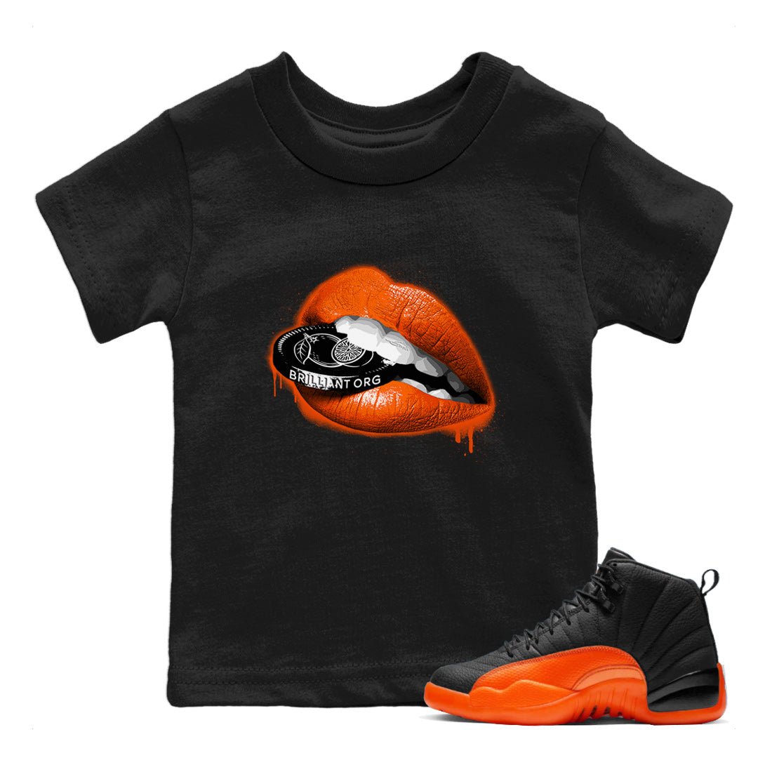 Air Jordan 12 Brilliant Orange Sneaker Match Tees Lips Coin Sneaker Tees 12s Brilliant Orange Tee Kids Shirts Black 1