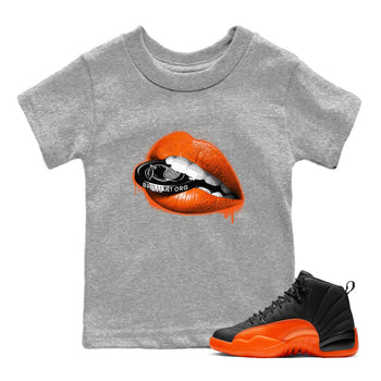 Air Jordan 12 Brilliant Orange Sneaker Match Tees Lips Coin Sneaker Tees 12s Brilliant Orange Tee Kids Shirts Heather Grey 1