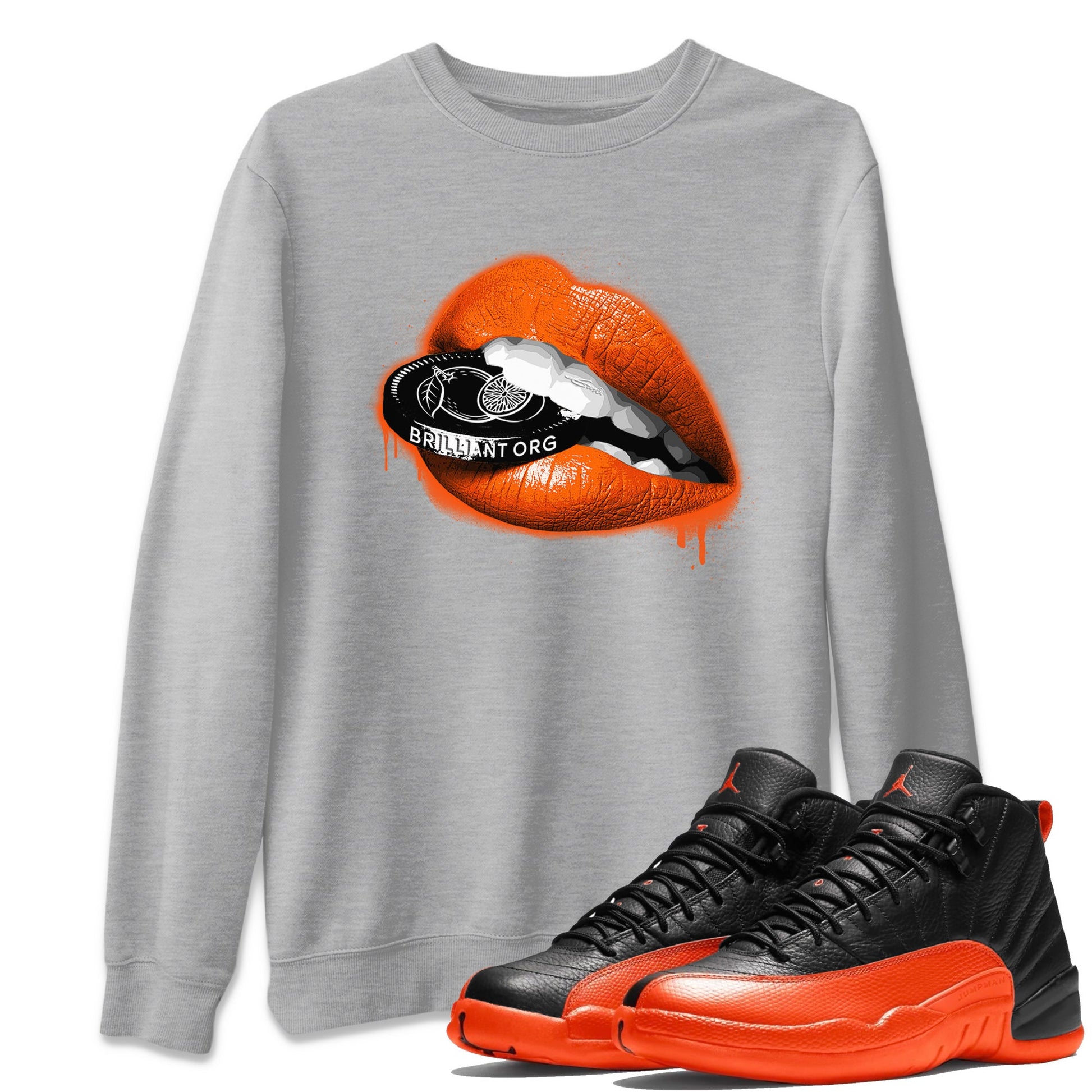 Air Jordan 12 Brilliant Orange Sneaker Match Tees Lips Coin Sneaker Tees 12s Brilliant Orange Tee Unisex Shirts Heather Grey 1