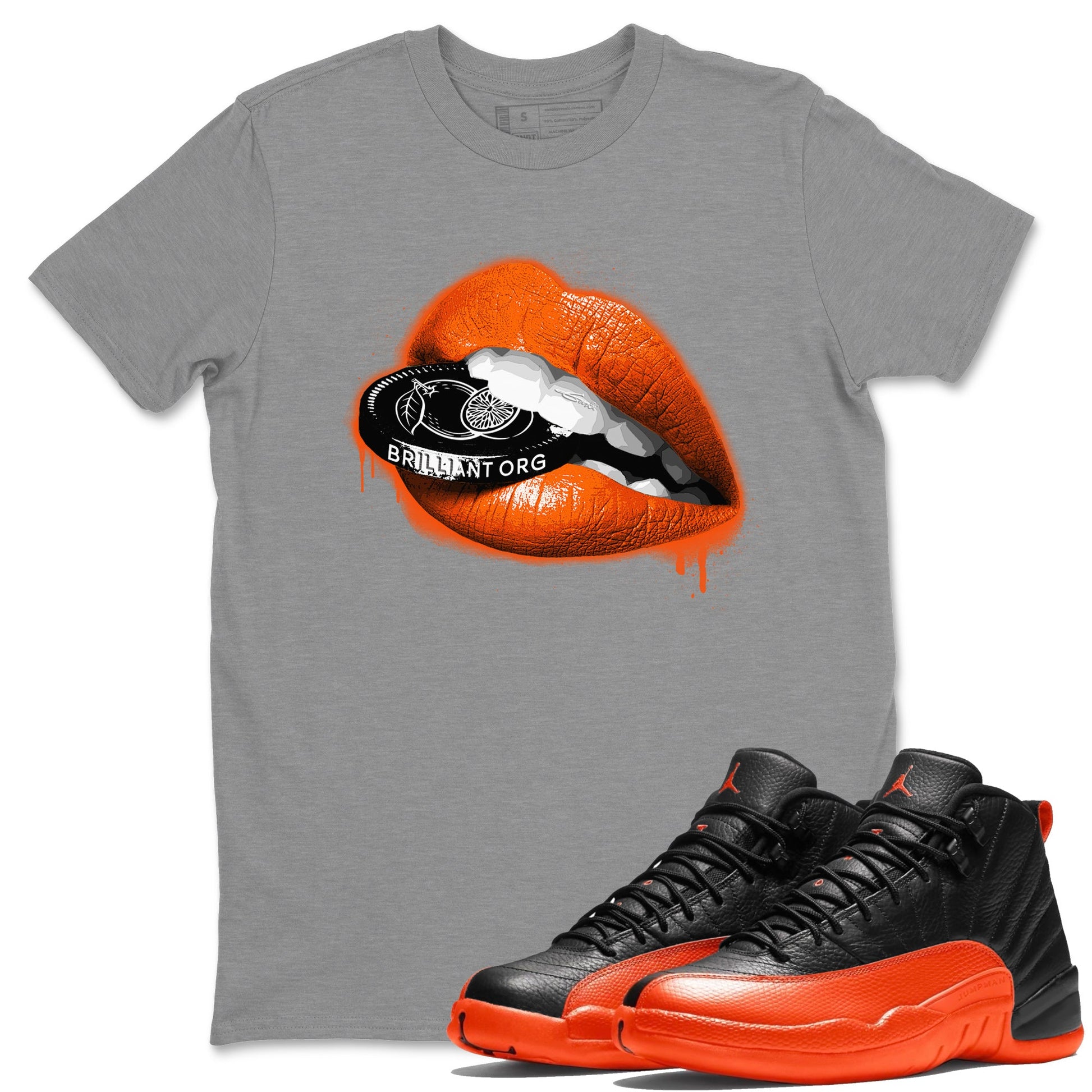 Air Jordan 12 Brilliant Orange Sneaker Match Tees Lips Coin Sneaker Tees 12s Brilliant Orange Tee Unisex Shirts Heather Grey 1
