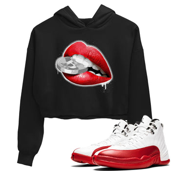 12s Cherry shirt to match jordans Lips Coin sneaker tees Air Jordan 12 Cherry SNRT Sneaker Release Tees Black 1 Crop T-Shirt
