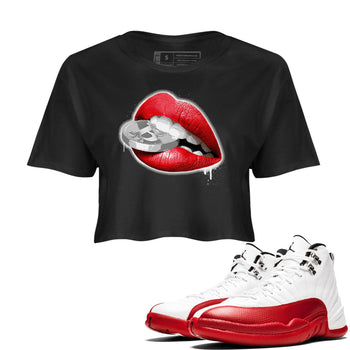12s Cherry shirt to match jordans Lips Coin sneaker tees Air Jordan 12 Cherry SNRT Sneaker Release Tees Black 1 Crop T-Shirt