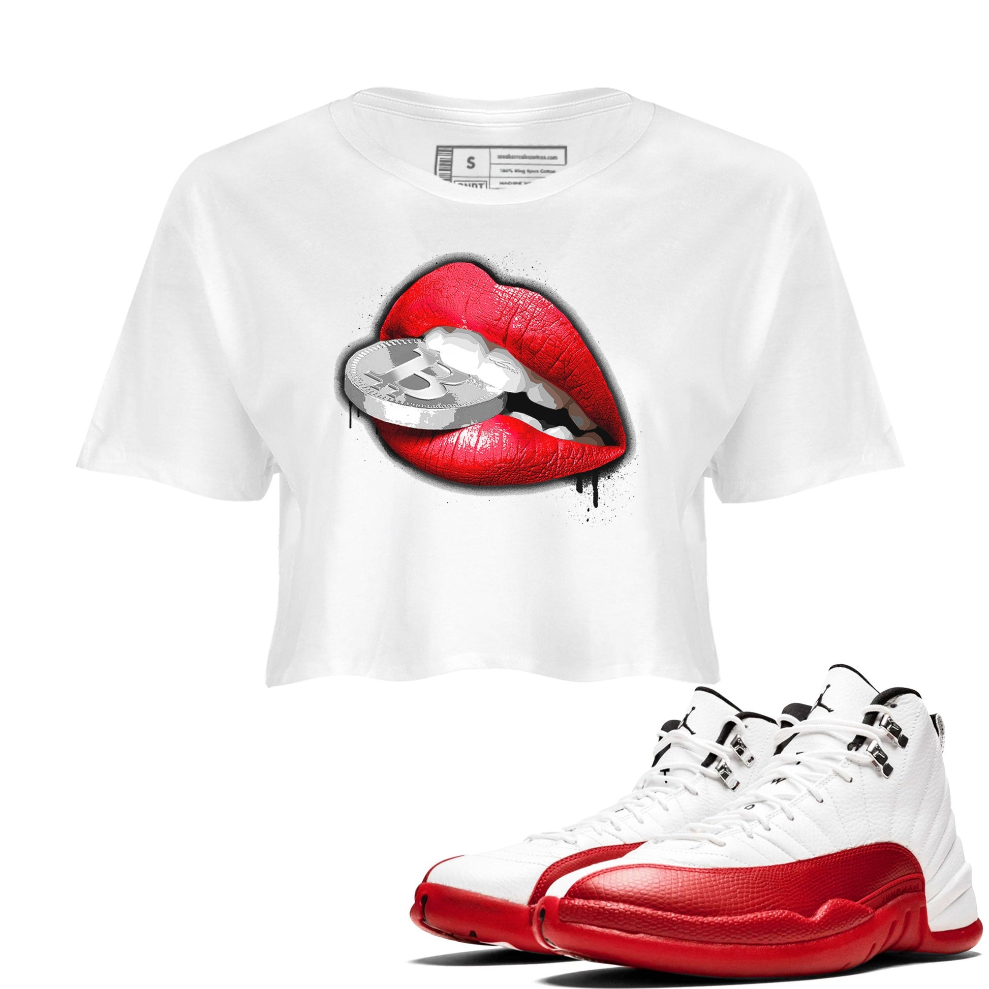 12s Cherry shirt to match jordans Lips Coin sneaker tees Air Jordan 12 Cherry SNRT Sneaker Release Tees White 1 Crop T-Shirt