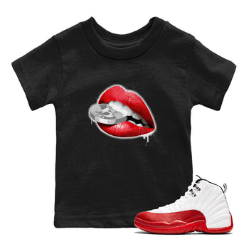 12s Cherry shirt to match jordans Lips Coin sneaker tees Air Jordan 12 Cherry SNRT Sneaker Release Tees Baby Toddler Black 1 T-Shirt