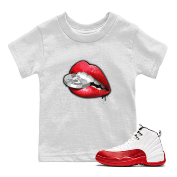 12s Cherry shirt to match jordans Lips Coin sneaker tees Air Jordan 12 Cherry SNRT Sneaker Release Tees Baby Toddler White 1 T-Shirt